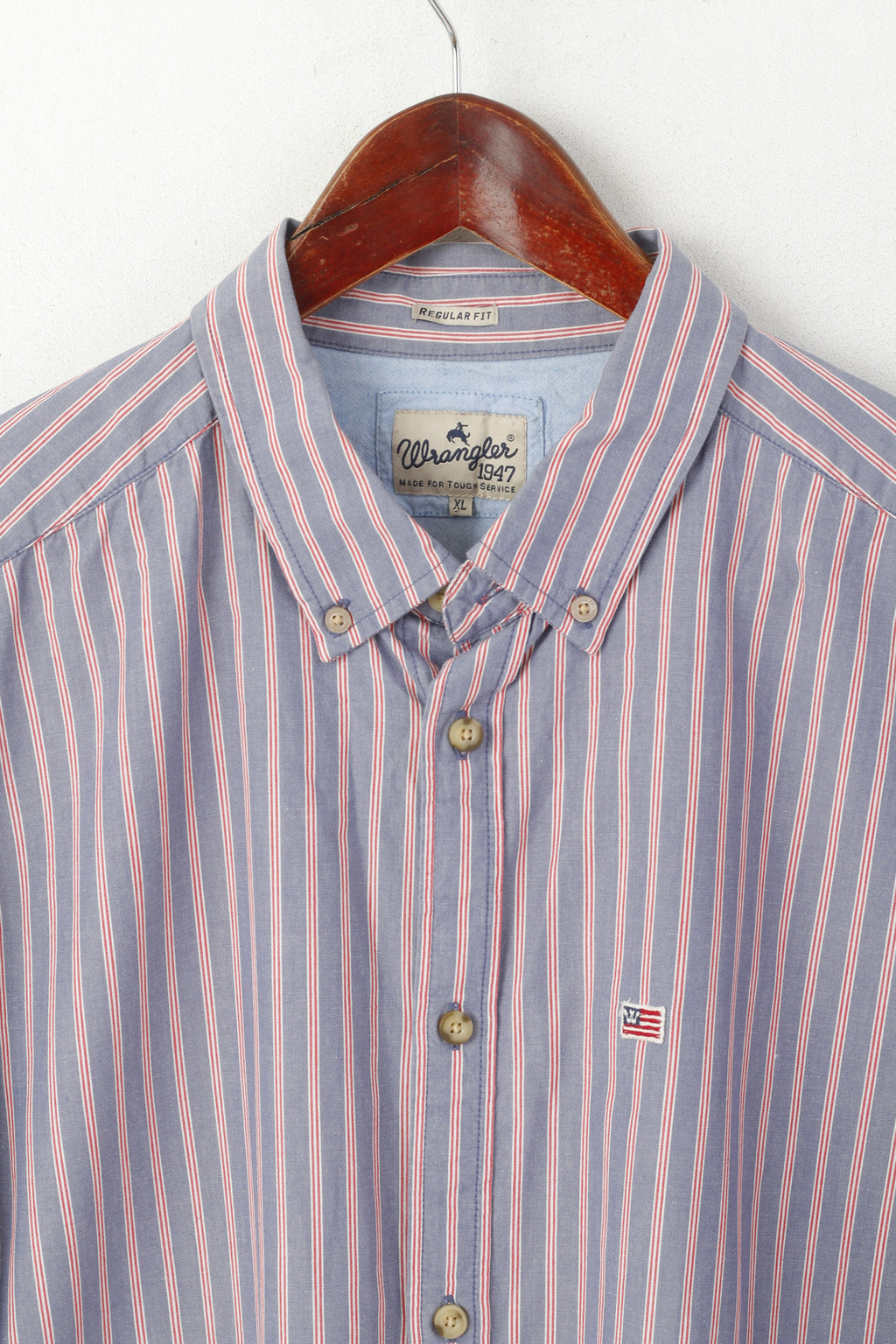 Wrangler Men XL Casual Shirt Blue Striped Cotton Regular Fit Vintage Long Sleeve Top