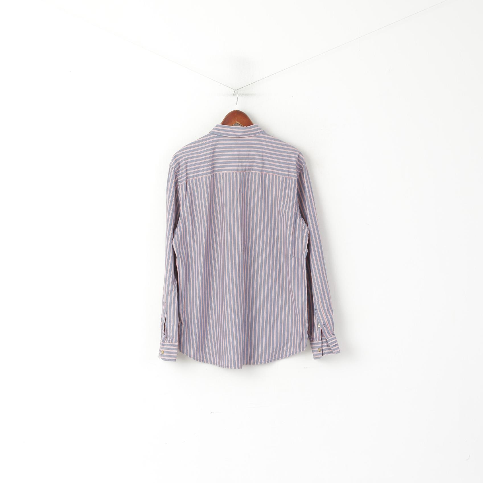 Wrangler Men XL Casual Shirt Blue Striped Cotton Regular Fit Vintage Long Sleeve Top