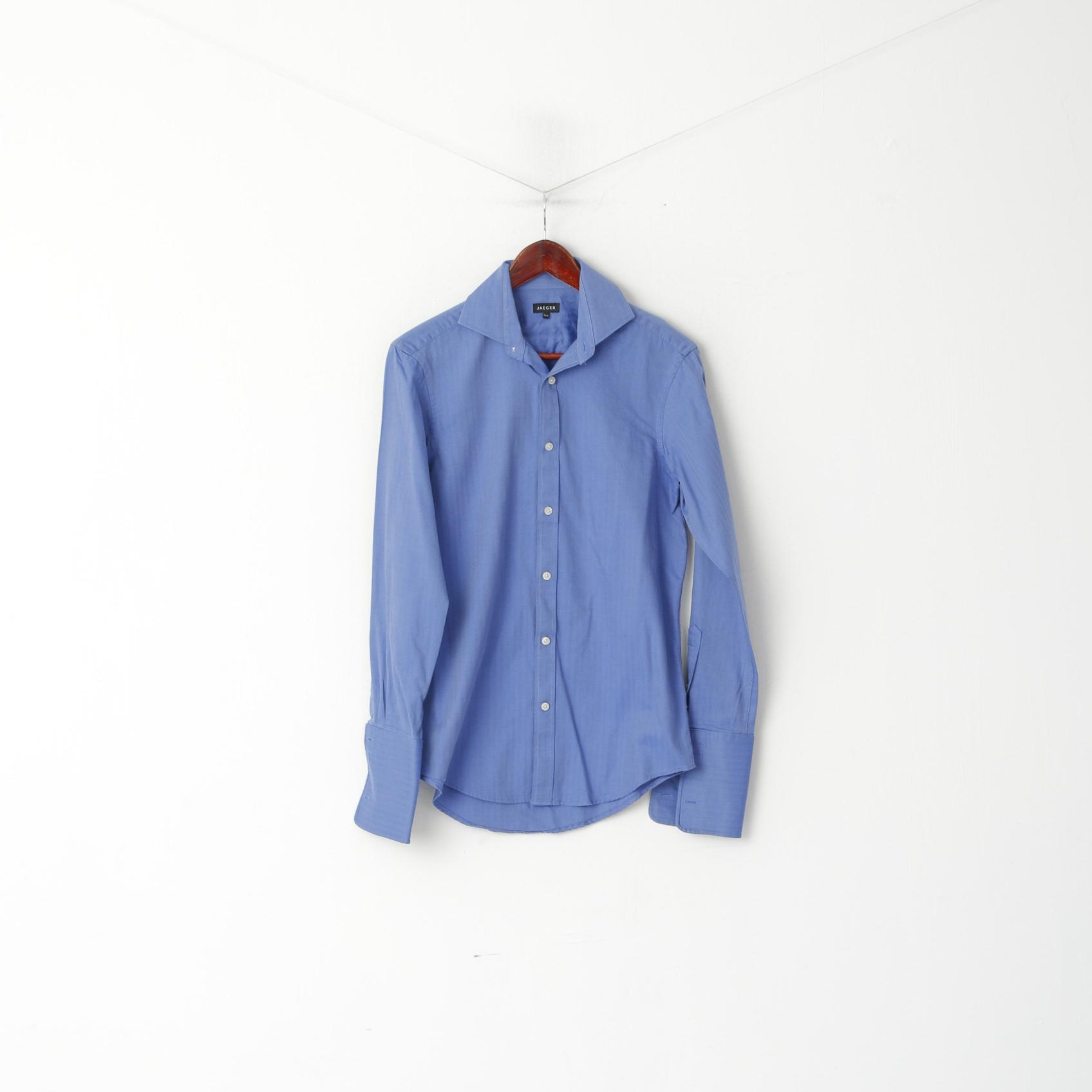 Jaeger Uomo 14.5 S Camicia casual Blu a righe in cotone a maniche lunghe Gemelli Top elegante