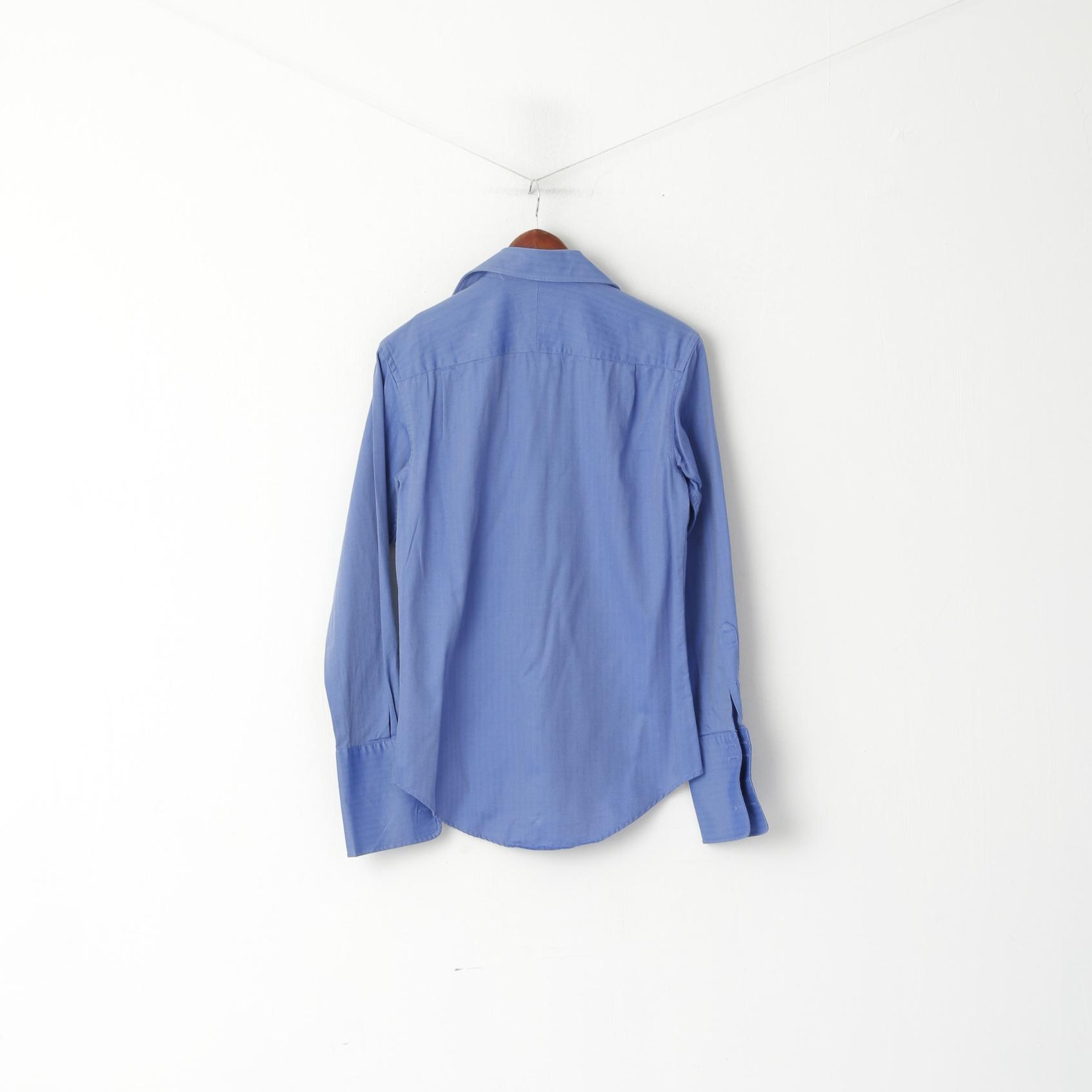 Jaeger Men 14.5 S Casual Shirt Blue Striped Cotton Long Sleeve Cufflinks Elegant Top