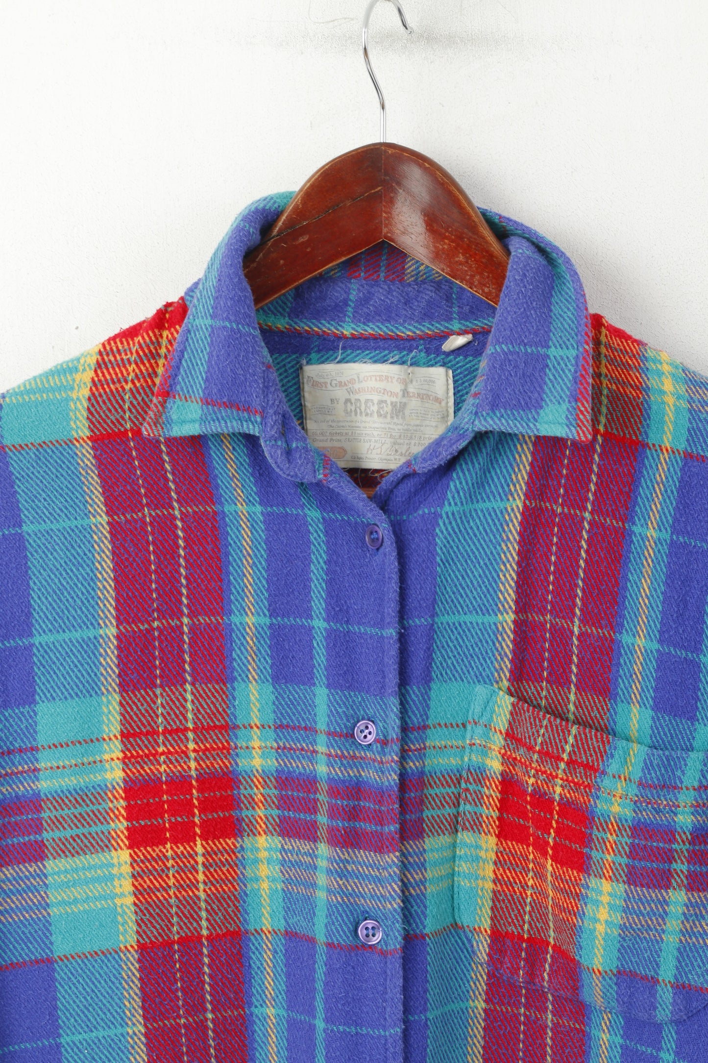 Creem Men L (M) Casual Shirt Blue Check Vintage First Grand Lottery of Washington Top