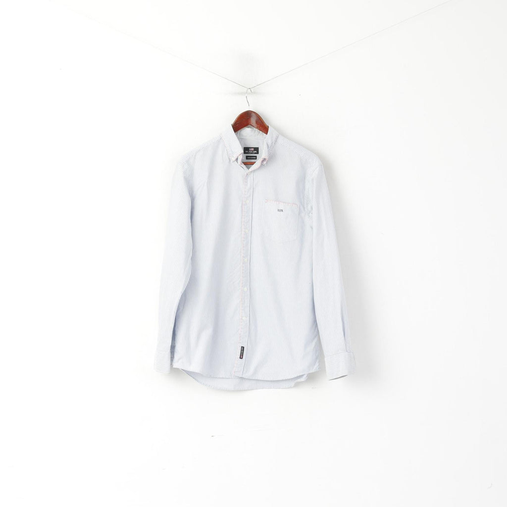 U.S. Polo Assn Men M Casual Shirt White Blue Cotton Striped Button Down Collar Top