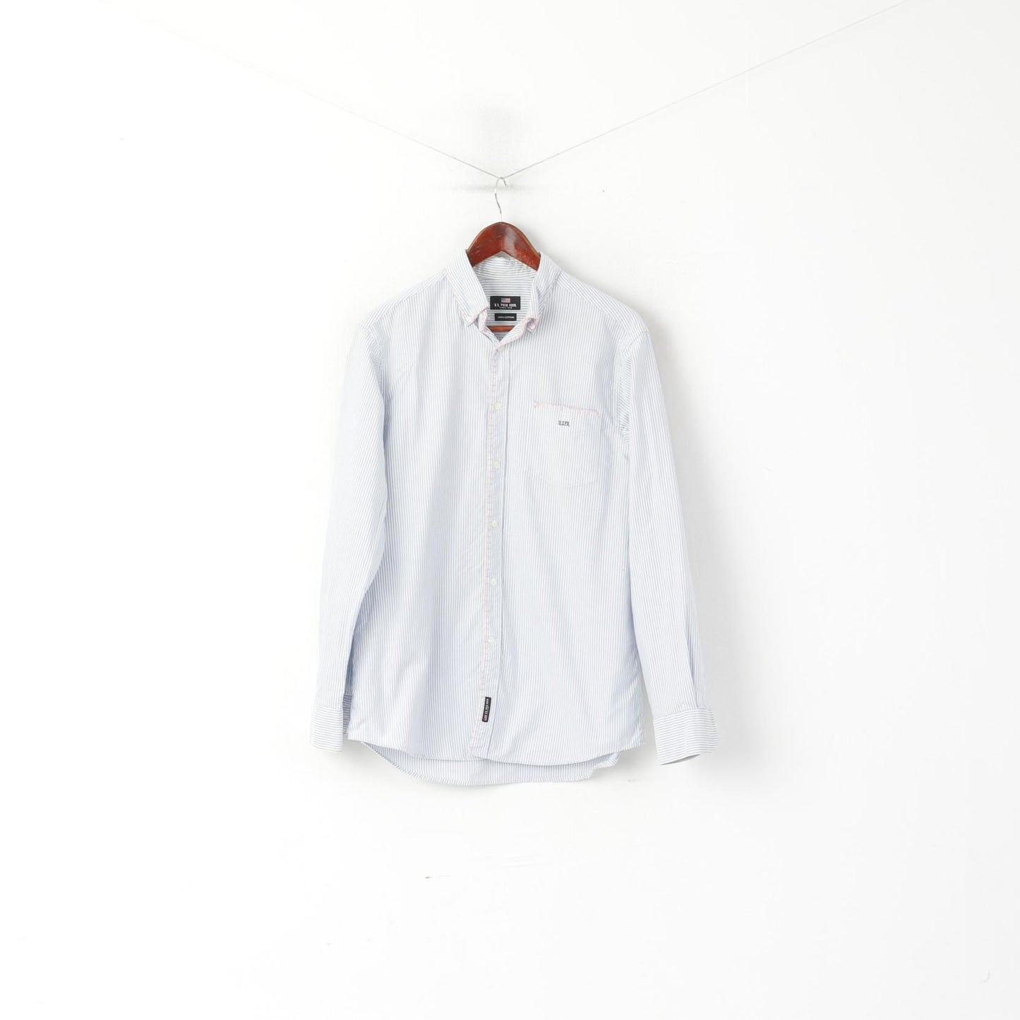 U.S. Polo Assn Men M Casual Shirt White Blue Cotton Striped Button Down Collar Top