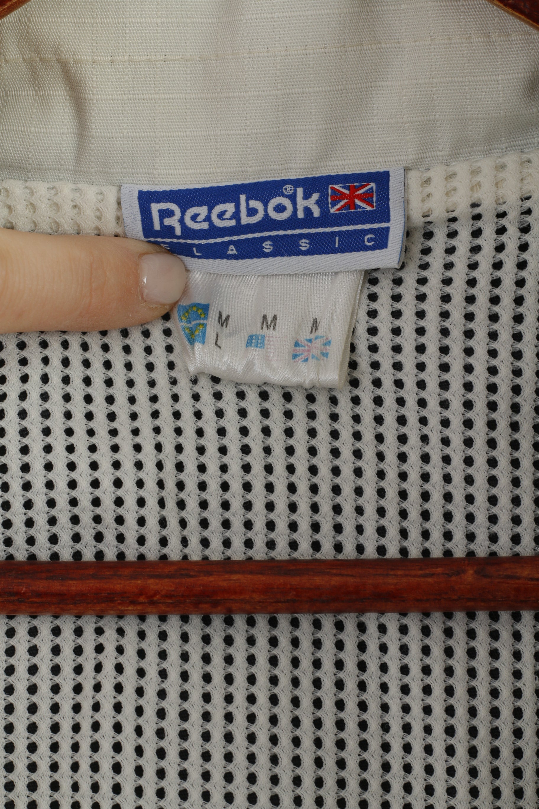 Giacca Reebok Classic da uomo M nera beige con rivestimento in PU con zip e cappuccio vintage