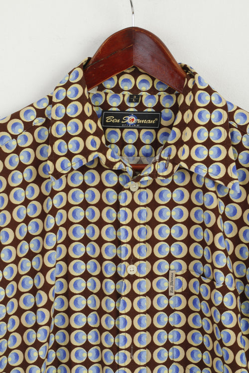 Ben Sherman Men L Chemise décontractée Marron Imprimé Coton Roj Haut à manches courtes