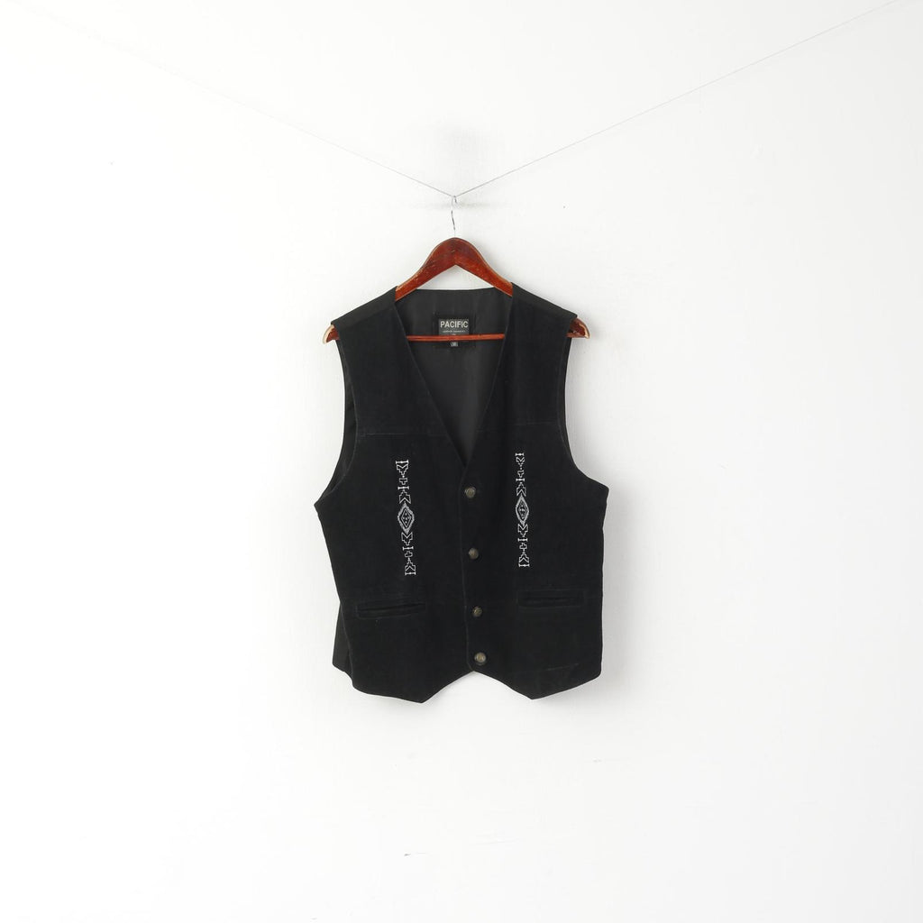 Pacific by K'era Hommes 52 L VWaistcoat Cuir Noir Aztèque Boutonné Western Vest