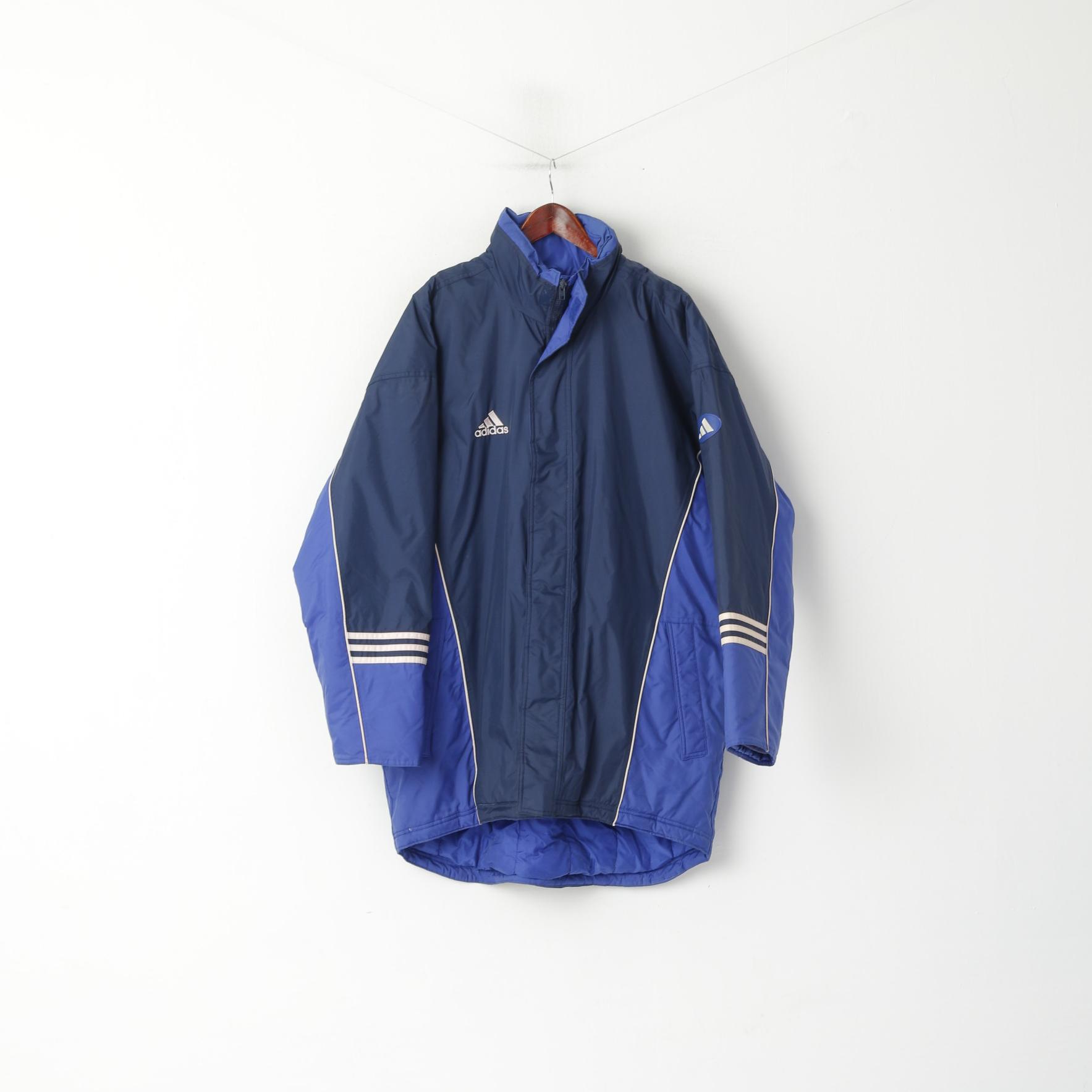 Adidas Uomo XL 198 Giacca Navy Nylon Imbottito Vintage Anni '90 Cerniera Completa Abbigliamento Sportivo Con Cappuccio Nascosto