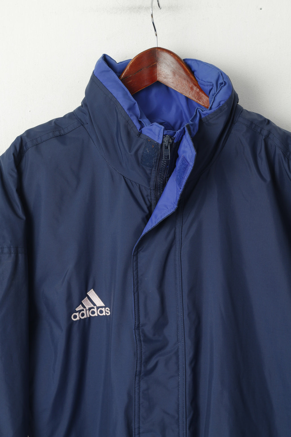 Adidas Uomo XL 198 Giacca Navy Nylon Imbottito Vintage Anni '90 Cerniera Completa Abbigliamento Sportivo Con Cappuccio Nascosto