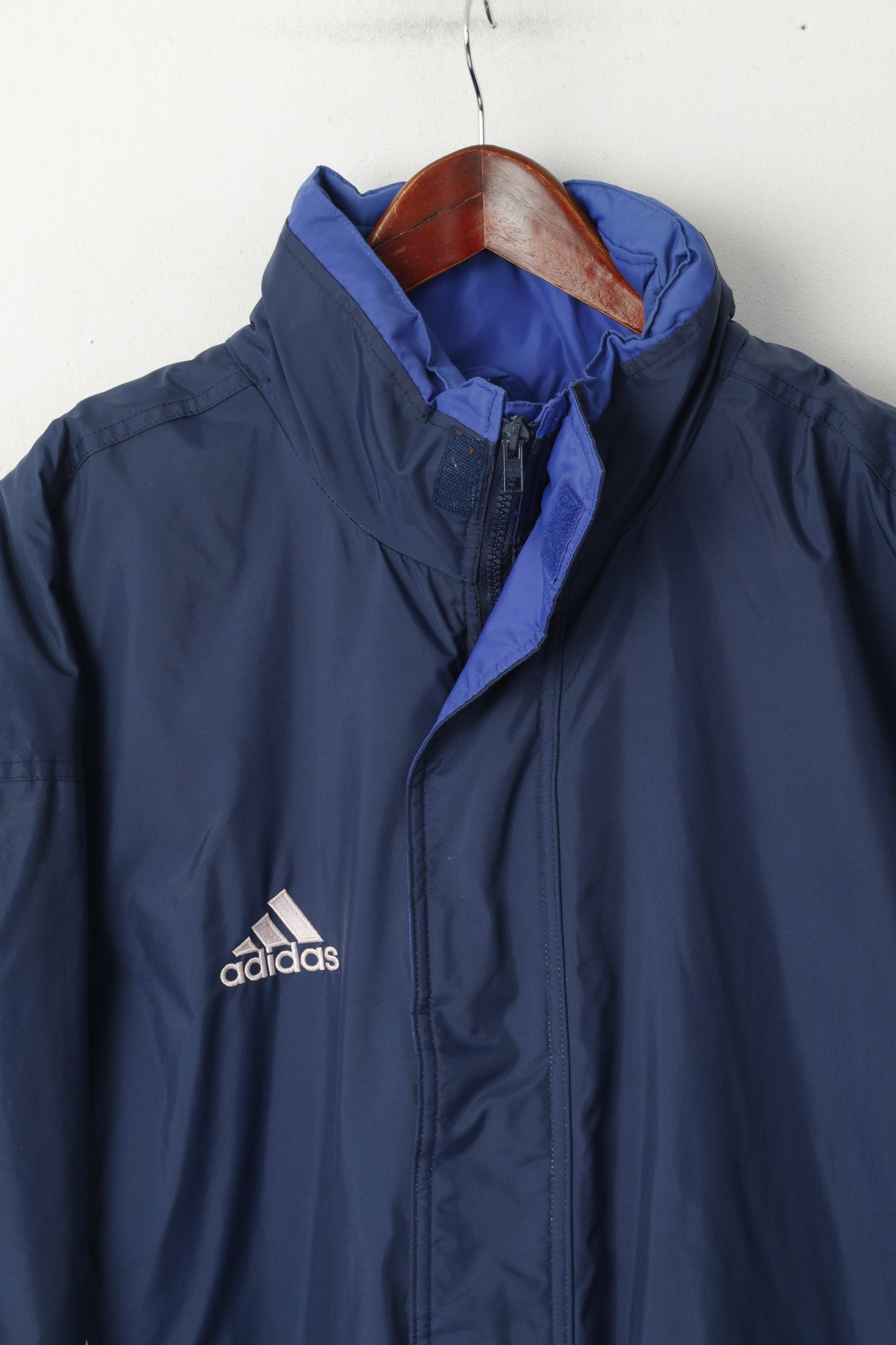 Adidas Uomo XL 198 Giacca Navy Nylon Imbottito Vintage Anni '90 Cerniera Completa Abbigliamento Sportivo Con Cappuccio Nascosto