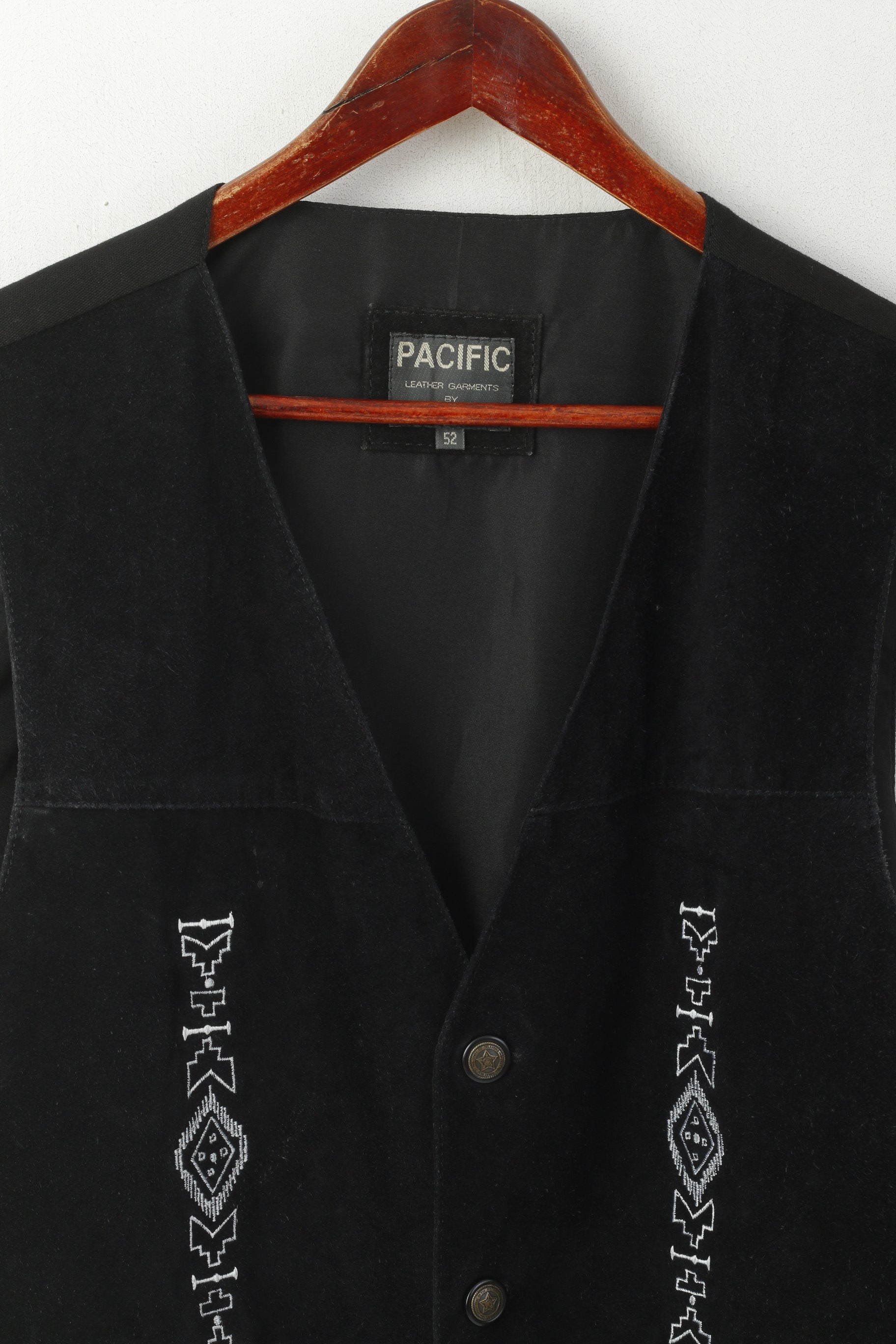 Pacific by K'era Men 52 L VWaistcoat Black Leather Aztec Buttoned Western Vest