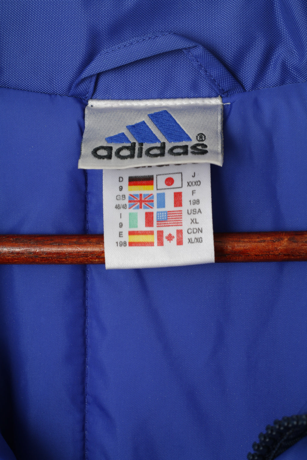 Adidas Uomo XL 198 Giacca Navy Nylon Imbottito Vintage Anni '90 Cerniera Completa Abbigliamento Sportivo Con Cappuccio Nascosto