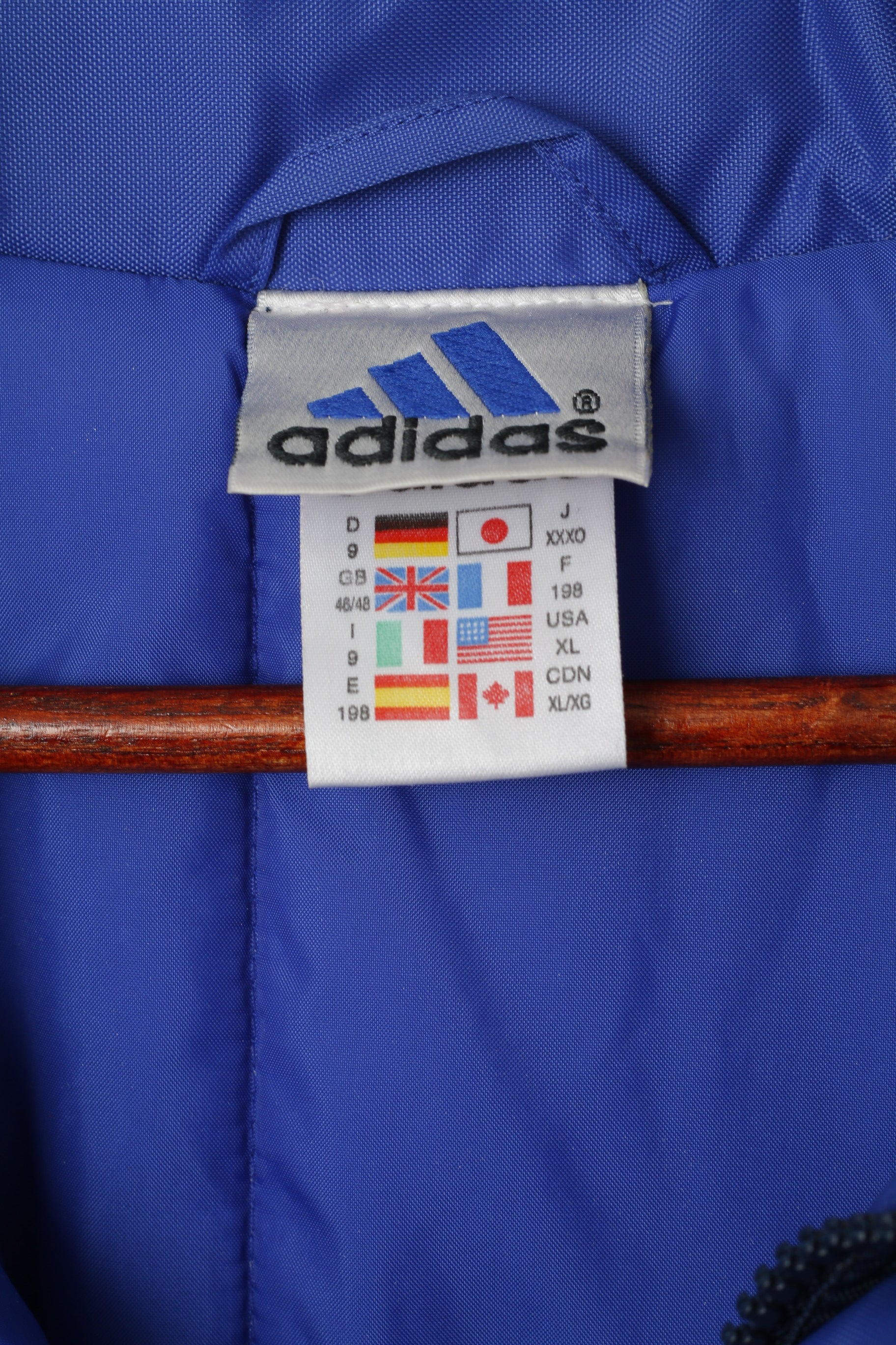 Adidas Uomo XL 198 Giacca Navy Nylon Imbottito Vintage Anni '90 Cerniera Completa Abbigliamento Sportivo Con Cappuccio Nascosto