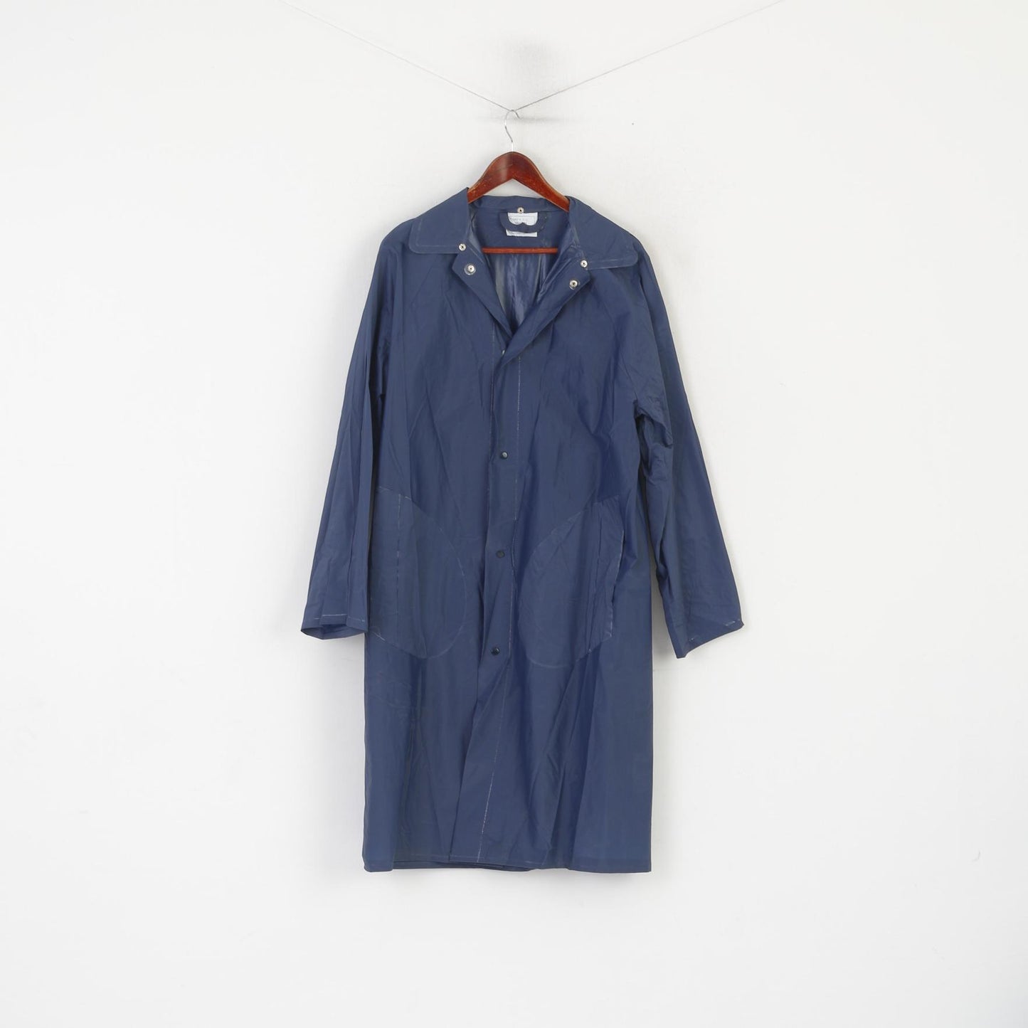 Cappotto antipioggia vintage da donna M blu scuro 100% PVC impermeabile con chiusura a scatto lunga