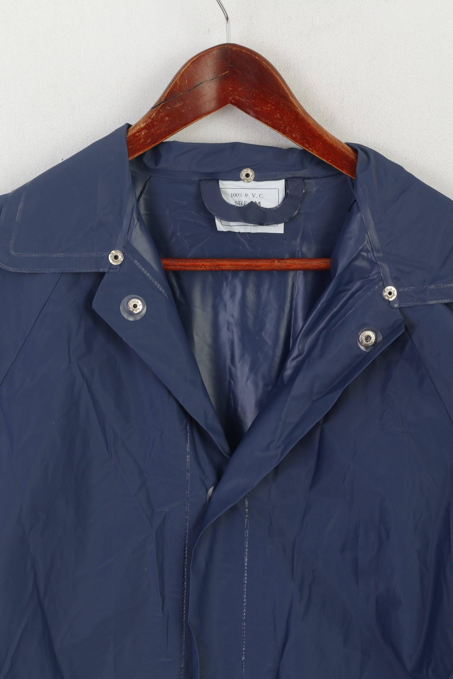 Cappotto antipioggia vintage da donna M blu scuro 100% PVC impermeabile con chiusura a scatto lunga