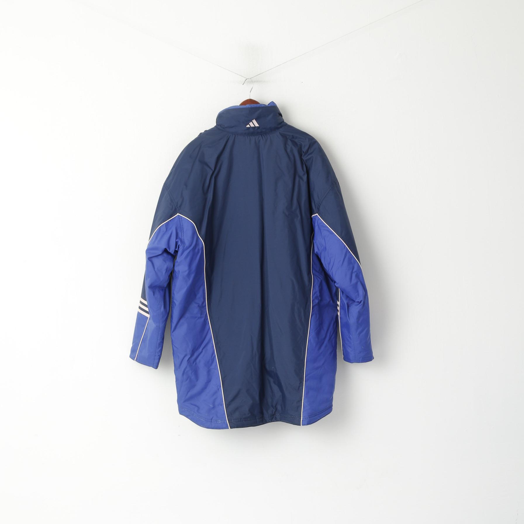 Adidas Uomo XL 198 Giacca Navy Nylon Imbottito Vintage Anni '90 Cerniera Completa Abbigliamento Sportivo Con Cappuccio Nascosto