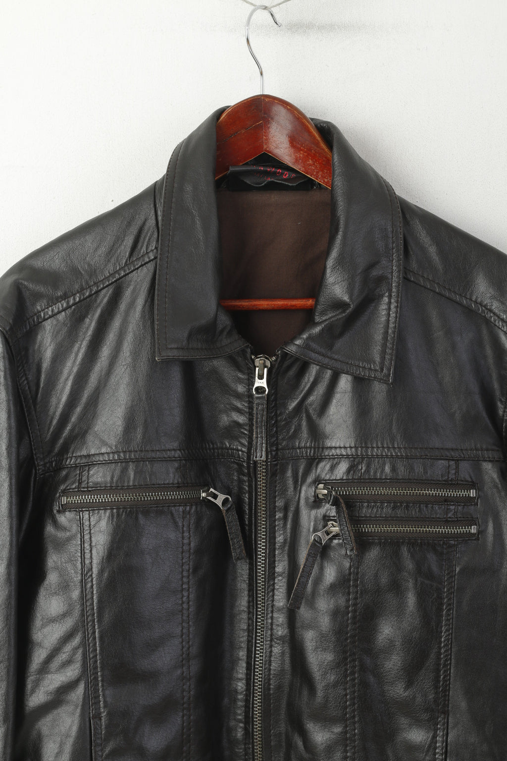 Oakwood Men L Jacket Dark Brown Leather Pilot Slim Full Zip Rock Bomber Biker Top