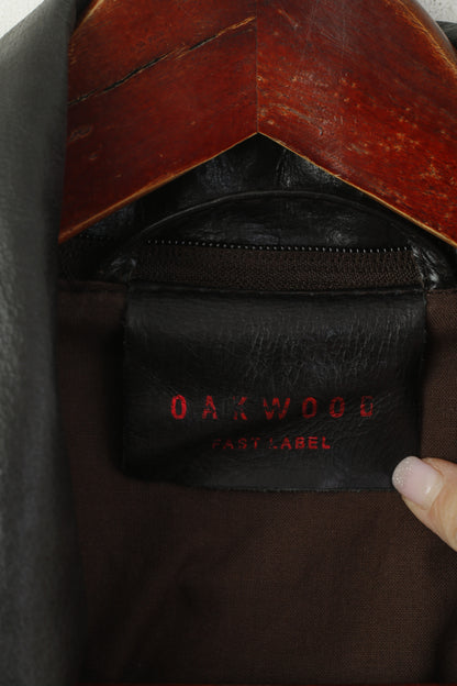 Oakwood Men L Jacket Dark Brown Leather Pilot Slim Full Zip Rock Bomber Biker Top