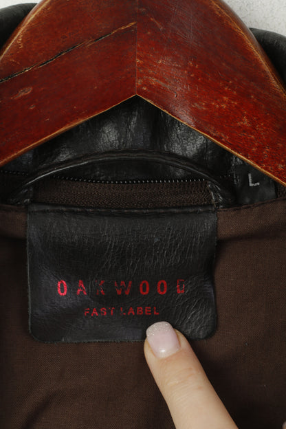 Oakwood Men L Jacket Dark Brown Leather Pilot Slim Full Zip Rock Bomber Biker Top