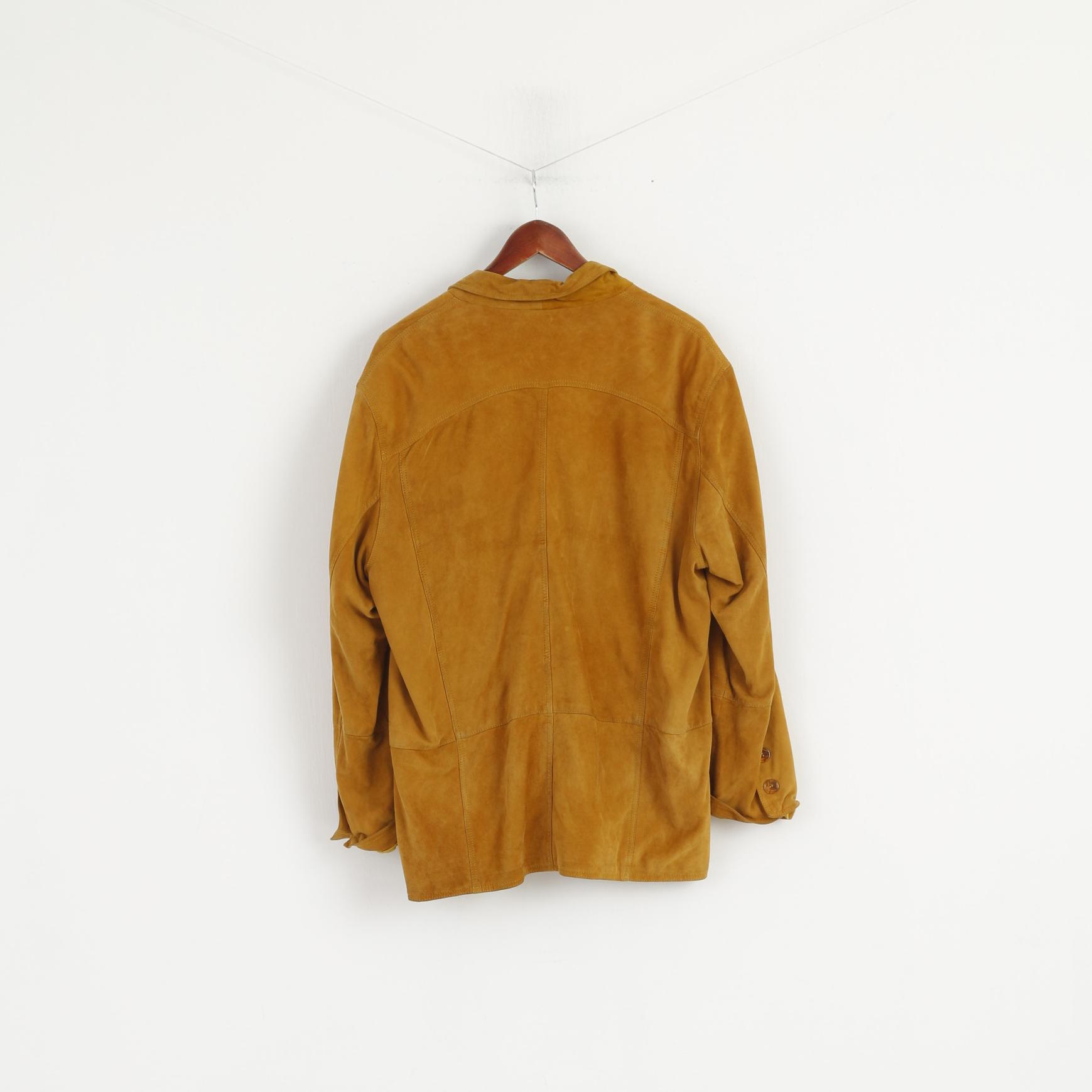 Vintage Women 48 XXL Jacket Mustard 100% Leather Suded Buttoned Casual Top