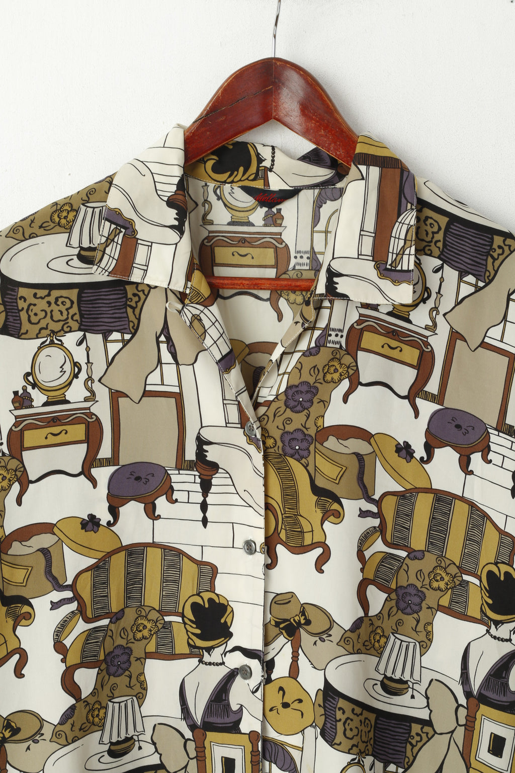 Mellann Femme L Chemise décontractée Crème Multi Imprimé Manches Longues Haut Vintage