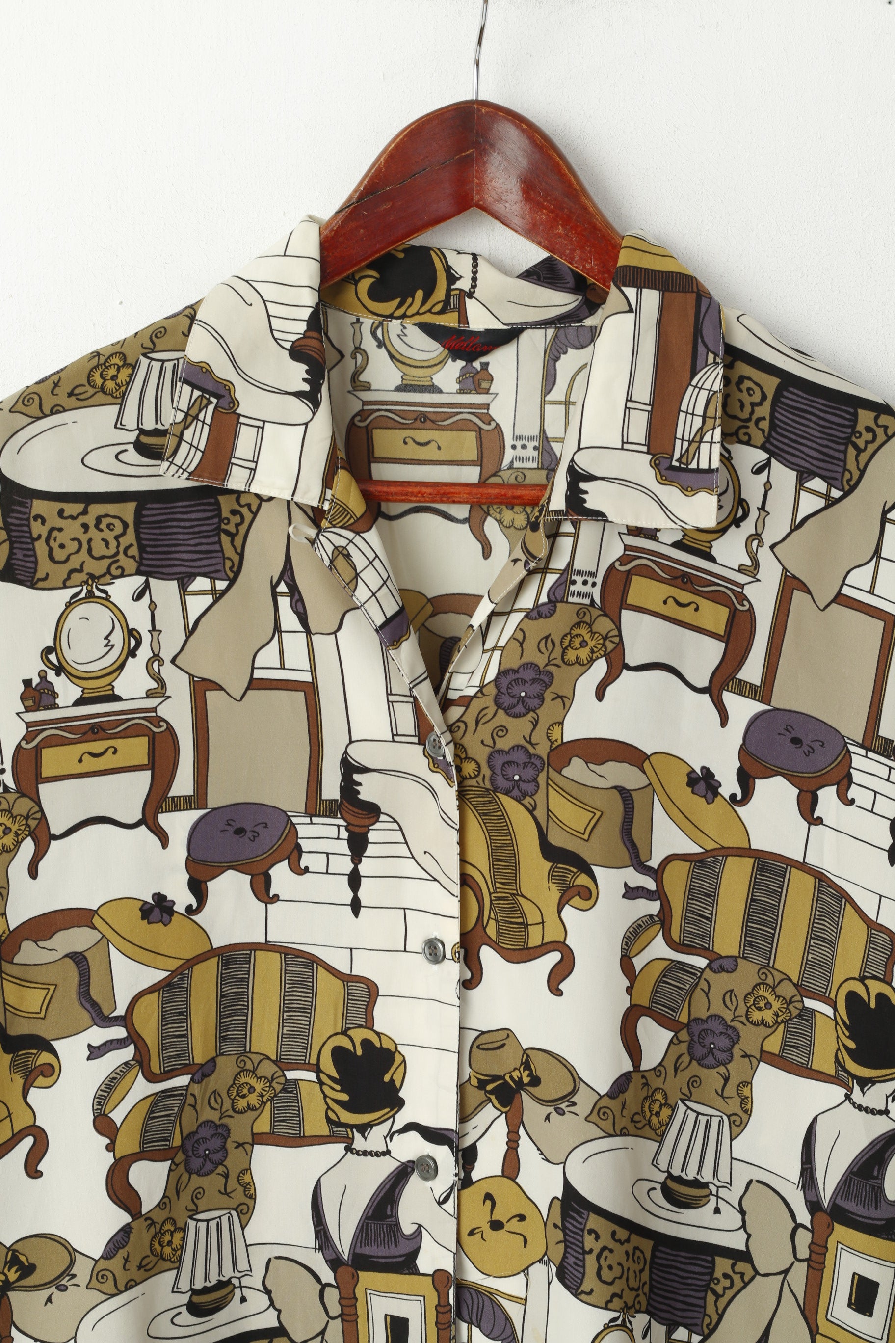 Mellann Camicia casual da donna L Crema Top vintage a maniche lunghe con stampa multipla