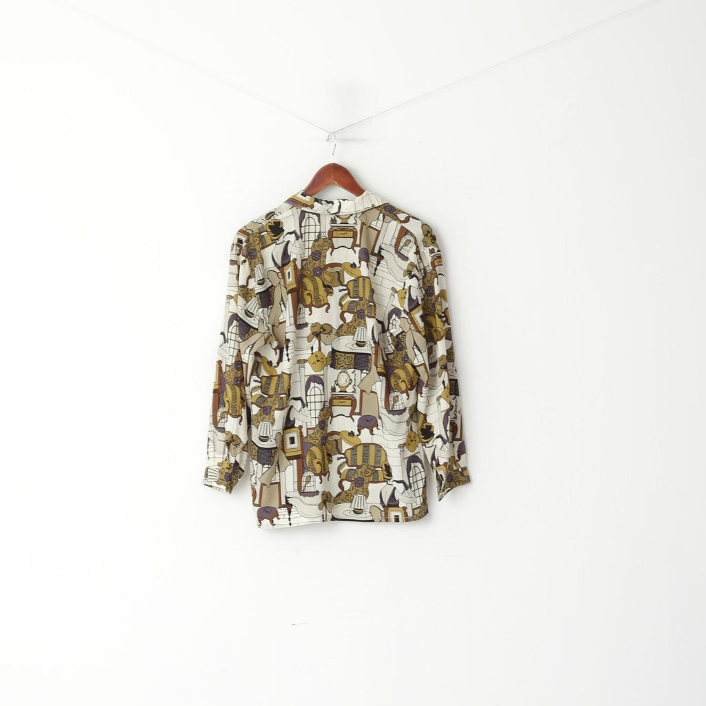 Mellann Femme L Chemise décontractée Crème Multi Imprimé Manches Longues Haut Vintage