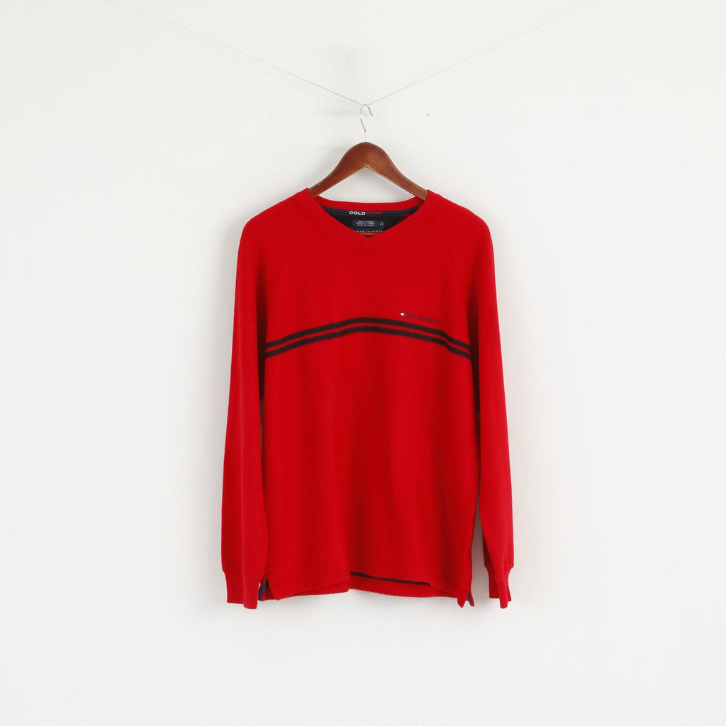 Tommy Hilfiger Uomo L Jumper Maglione rosso in misto cotone Cold Stop con scollo a V