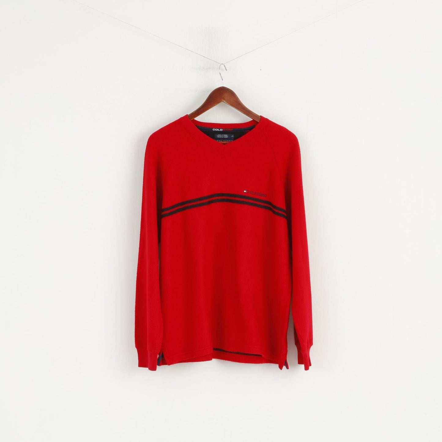 Tommy Hilfiger Men L Jumper Red Cotton Blend Cold Stop V Neck Sweater