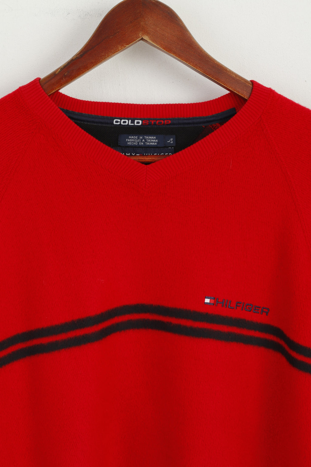 Tommy Hilfiger Uomo L Jumper Maglione rosso in misto cotone Cold Stop con scollo a V