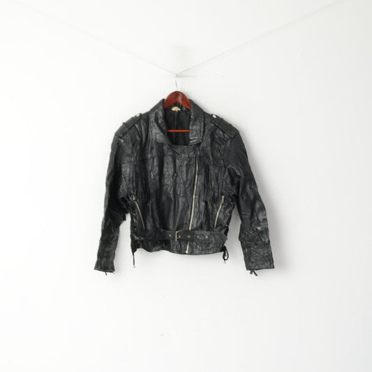 Giacca vintage da donna 42 L con frange in pelle nera, cerniera completa, morbido top da motociclista Western Ramones