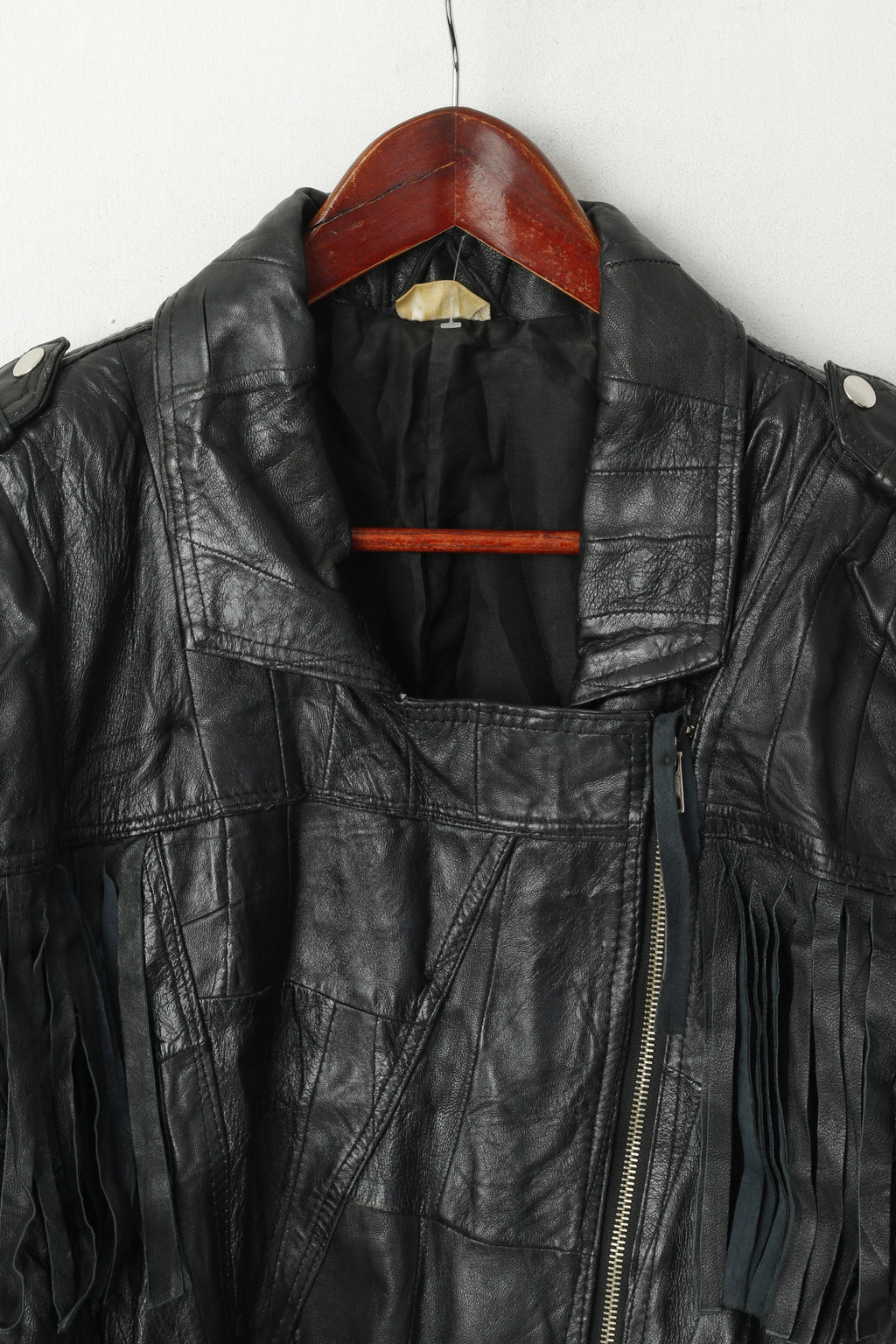 Giacca vintage da donna 42 L con frange in pelle nera, cerniera completa, morbido top da motociclista Western Ramones