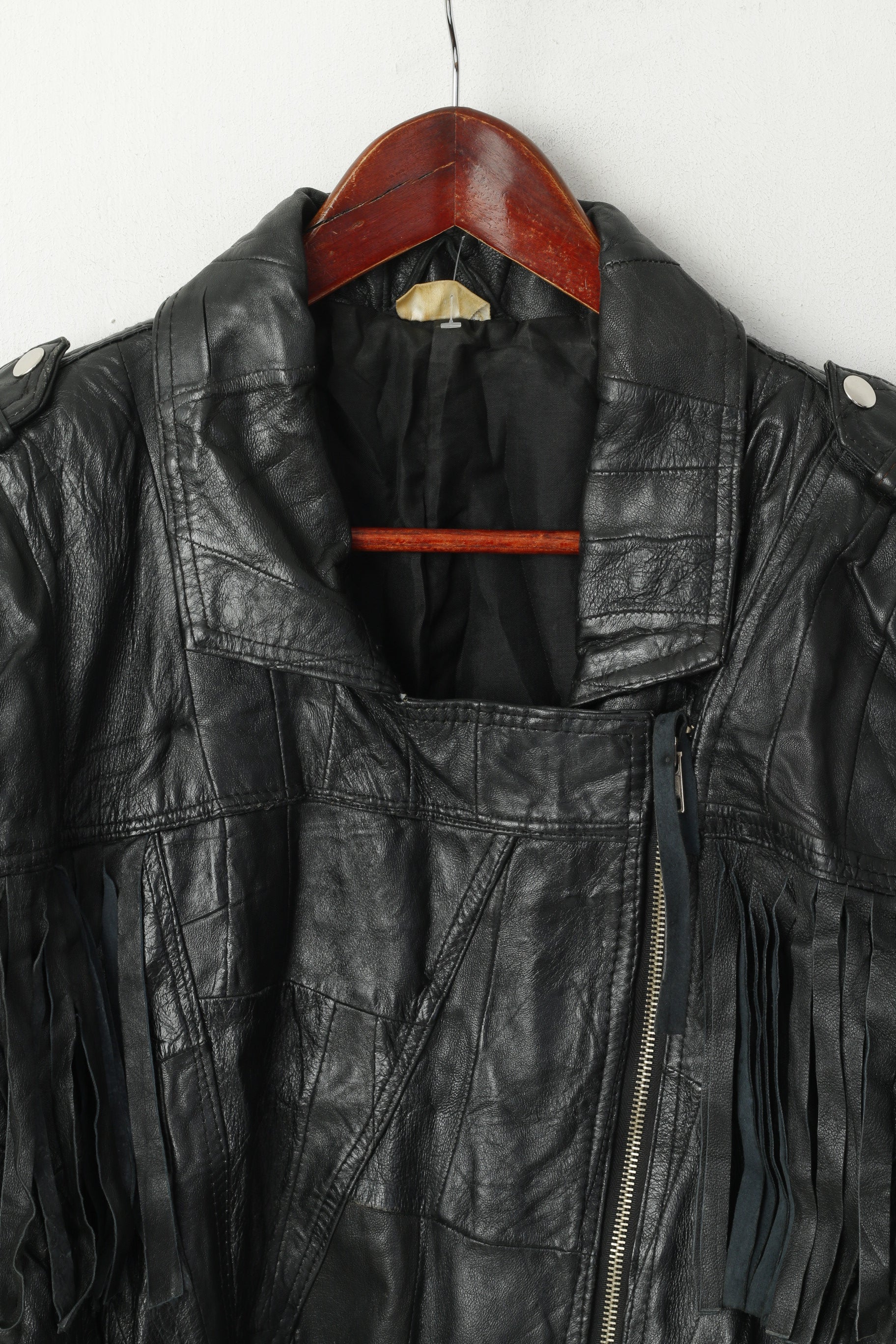 Giacca vintage da donna 42 L con frange in pelle nera, cerniera completa, morbido top da motociclista Western Ramones