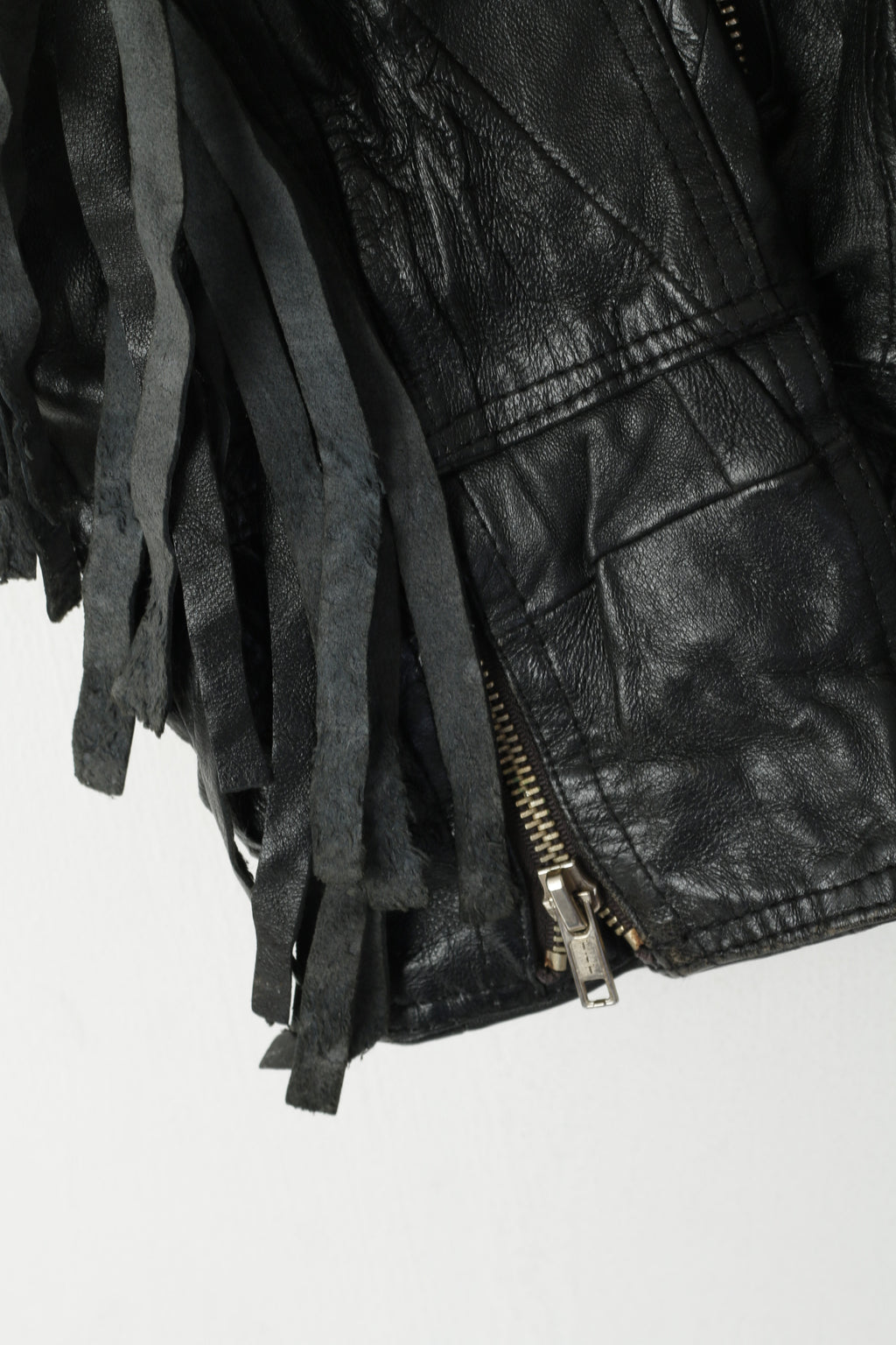 Giacca vintage da donna 42 L con frange in pelle nera, cerniera completa, morbido top da motociclista Western Ramones