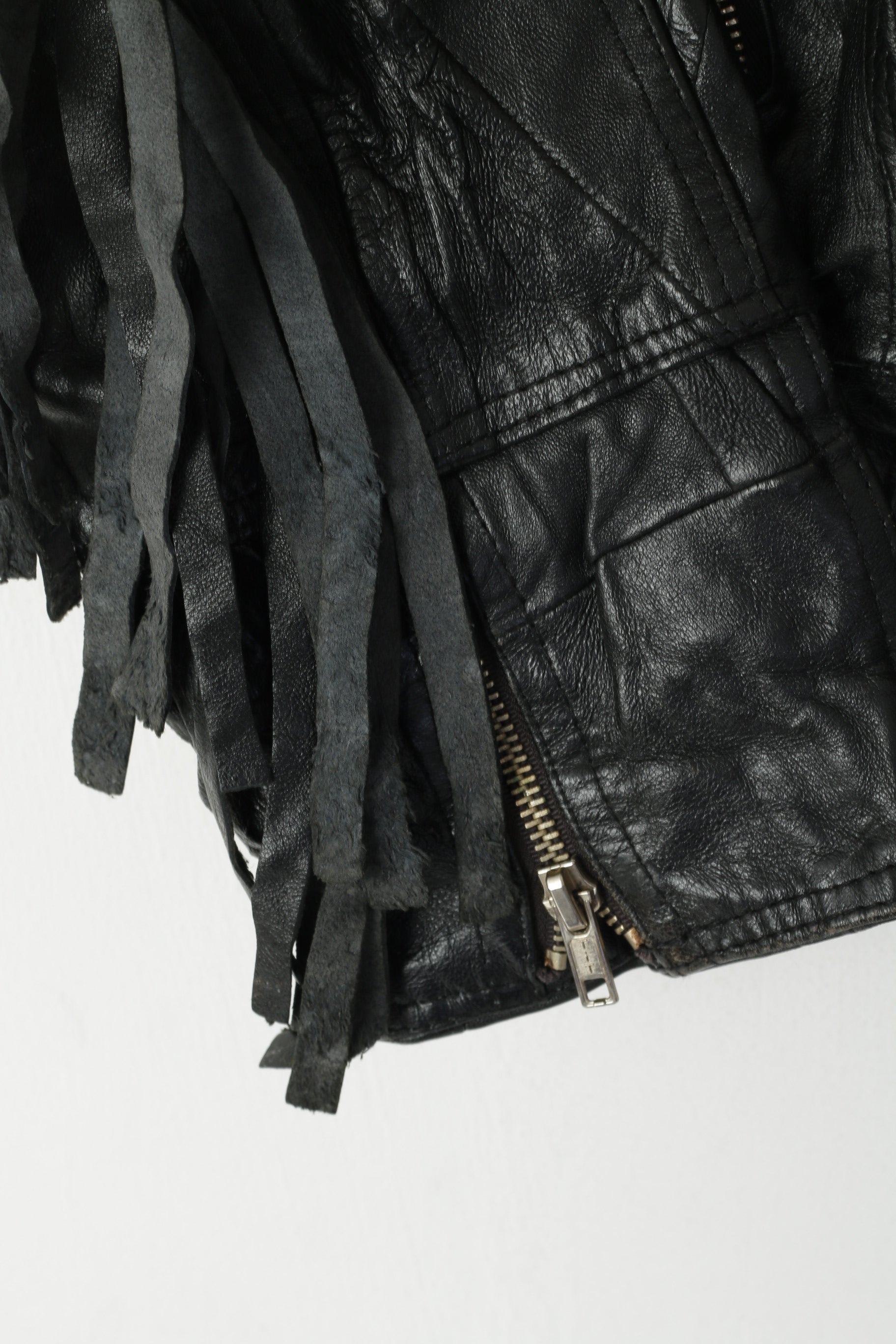 Giacca vintage da donna 42 L con frange in pelle nera, cerniera completa, morbido top da motociclista Western Ramones