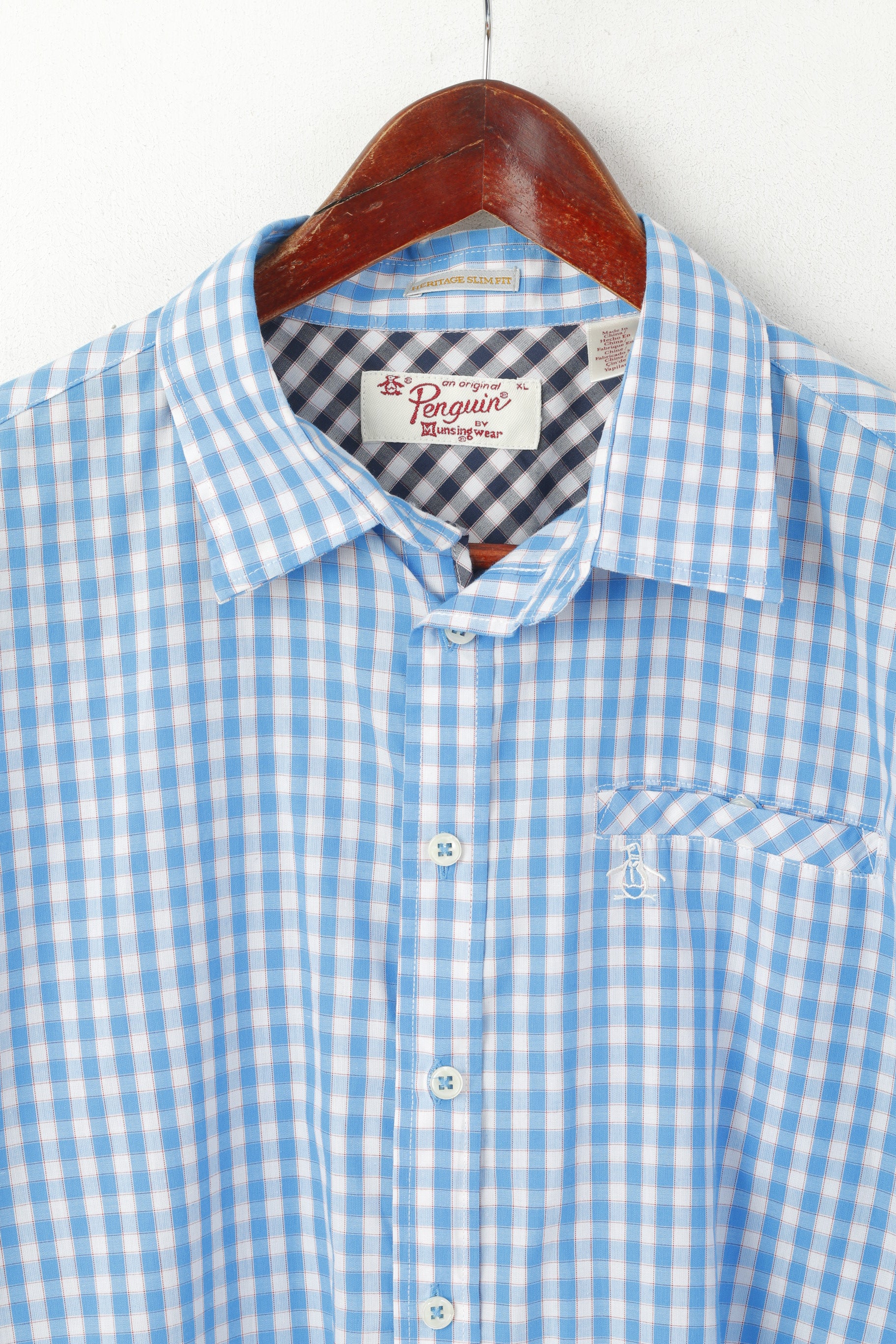 Penguin Men XL (L) Casual Shirt Blue Check Cotton Slim Fit Long Sleeve Top