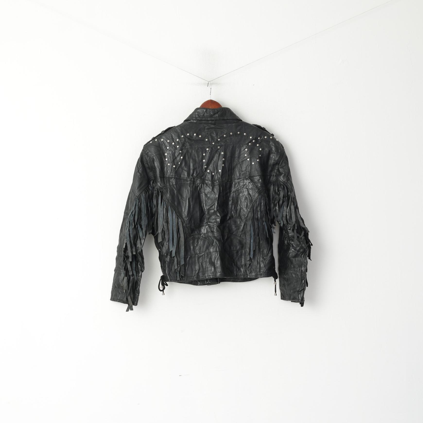 Giacca vintage da donna 42 L con frange in pelle nera, cerniera completa, morbido top da motociclista Western Ramones