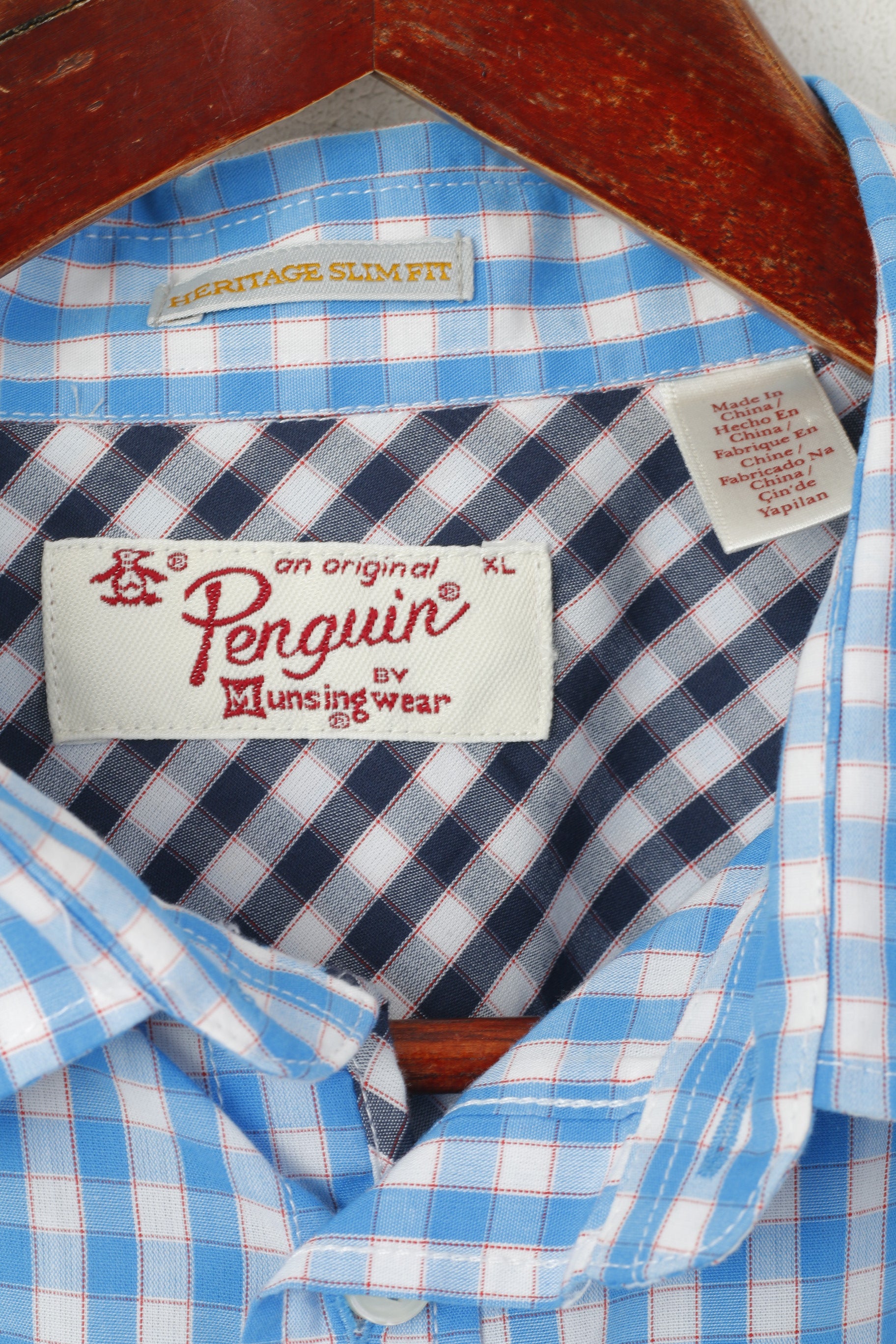 Penguin Men XL (L) Casual Shirt Blue Check Cotton Slim Fit Long Sleeve Top