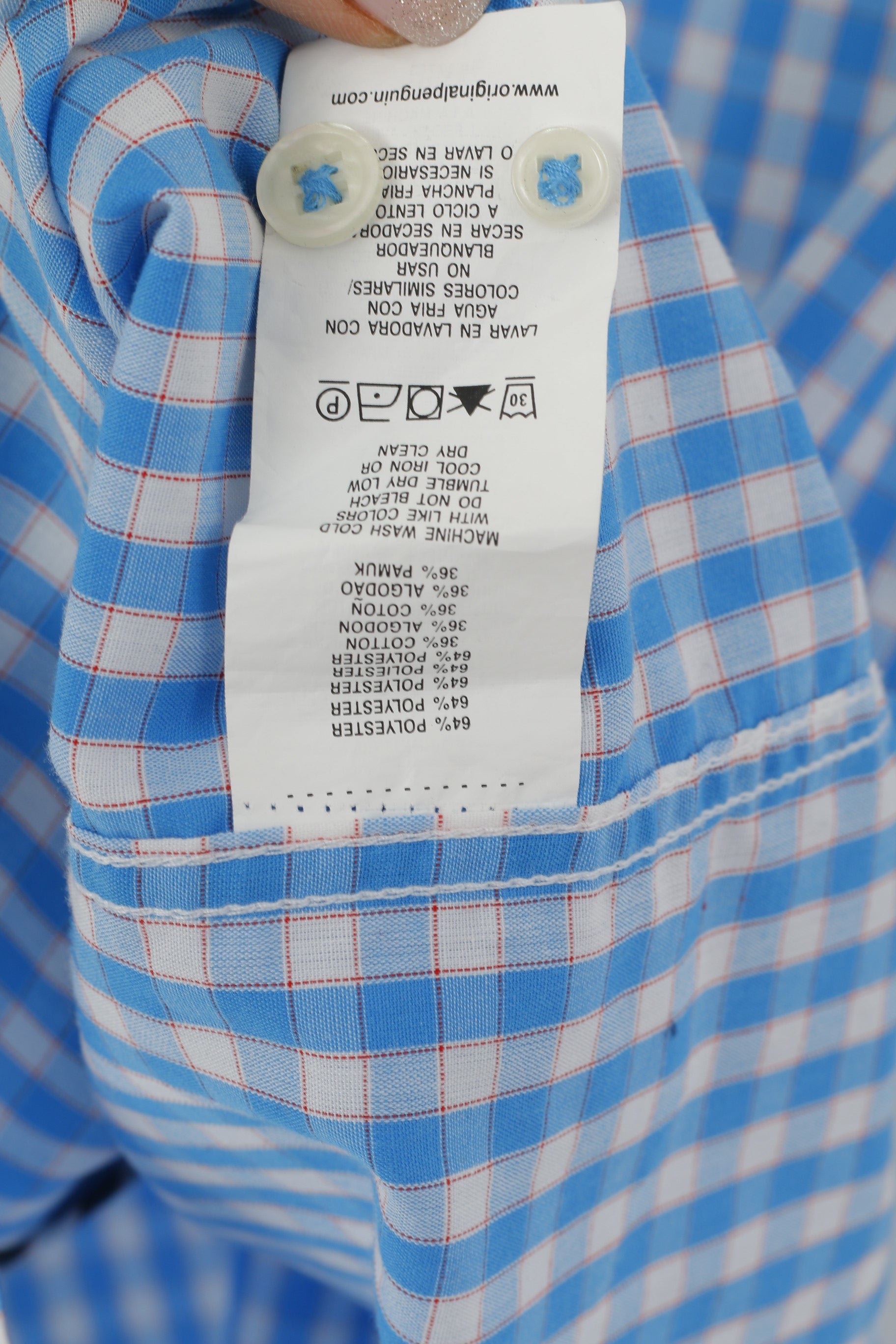 Penguin Men XL (L) Casual Shirt Blue Check Cotton Slim Fit Long Sleeve Top