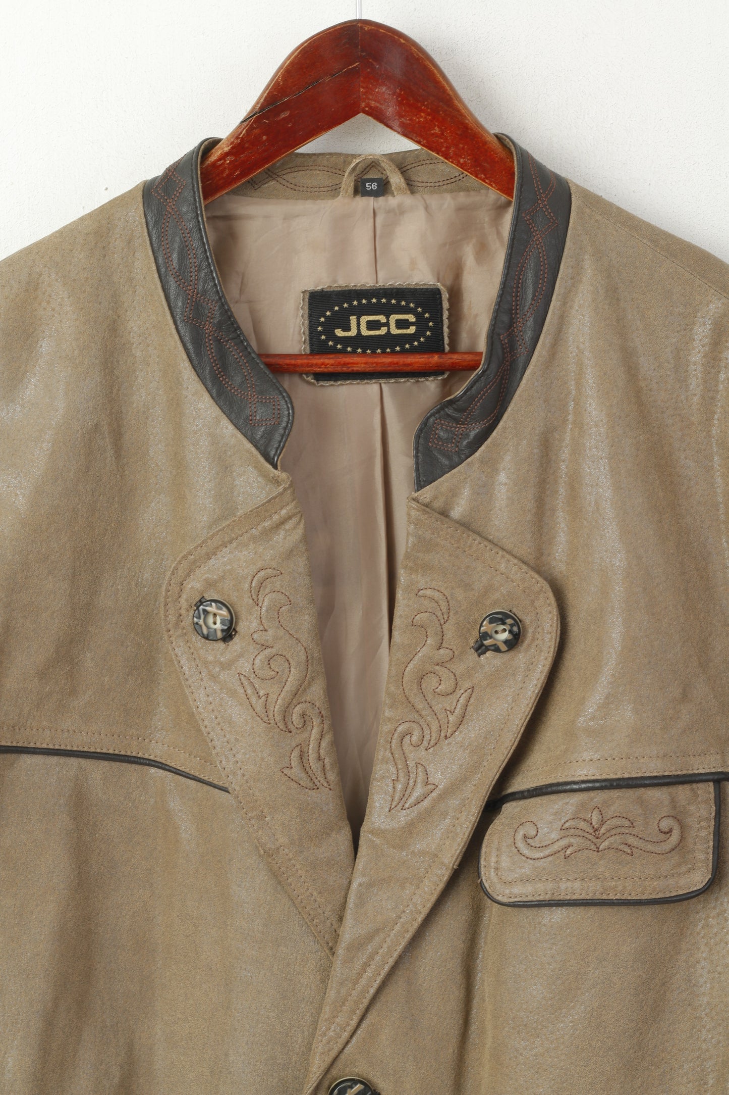 JCC Leather Company Men 56 XL Jacket Taupe Leather Tyrol Trachten Vintage Blazer