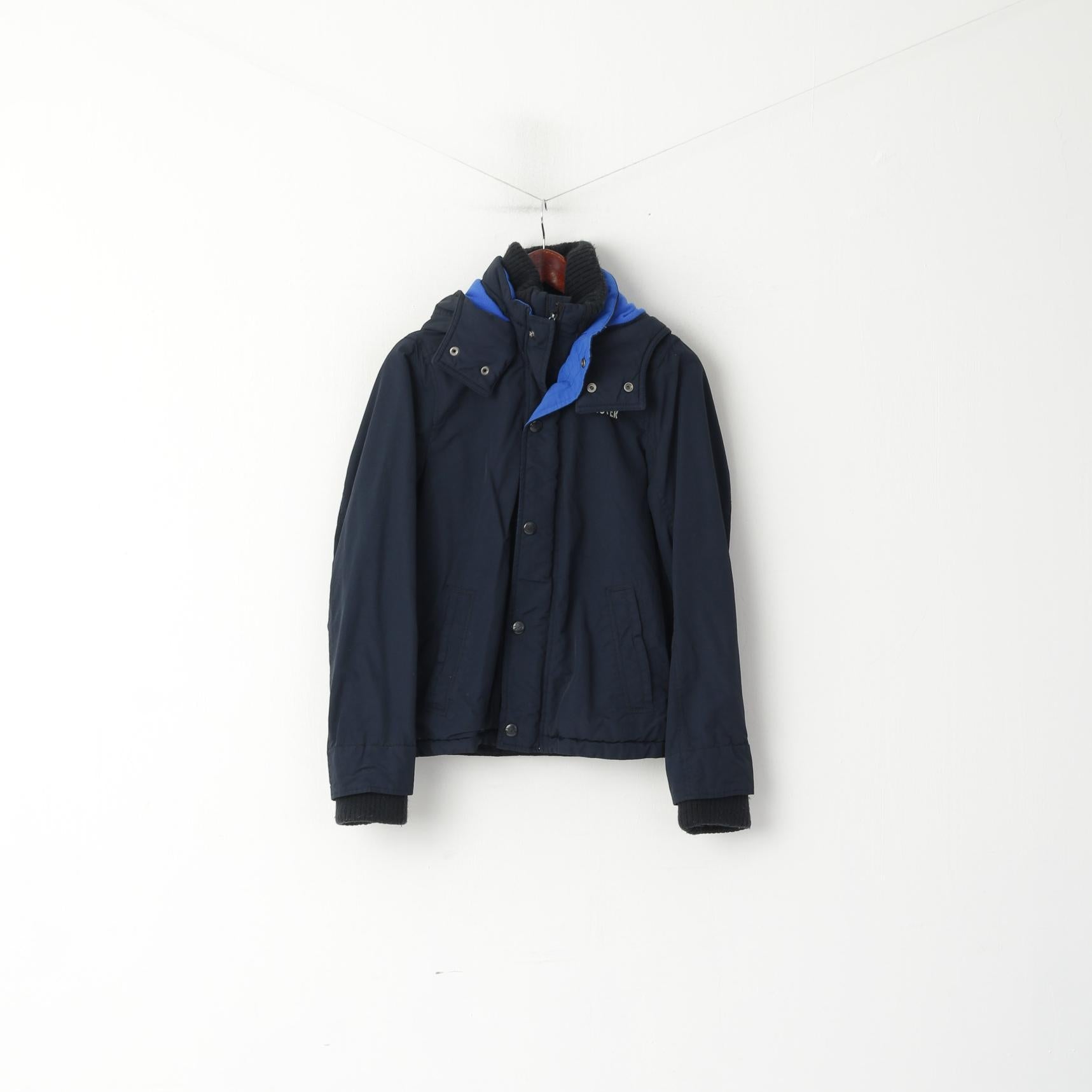 Giacca Hollister California da uomo, in nylon blu scuro, impermeabile, con cappuccio, cerniera intera, casual