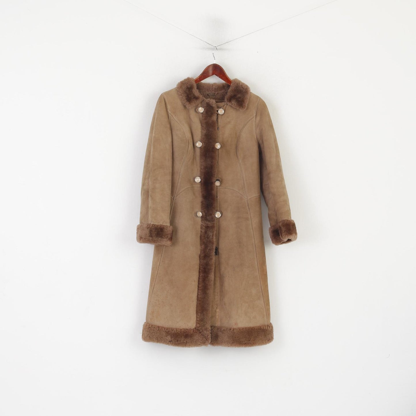 Vintage Women 44 S Coat Beige Leather Fur Collar Detailed Buttons Boho Warm Top