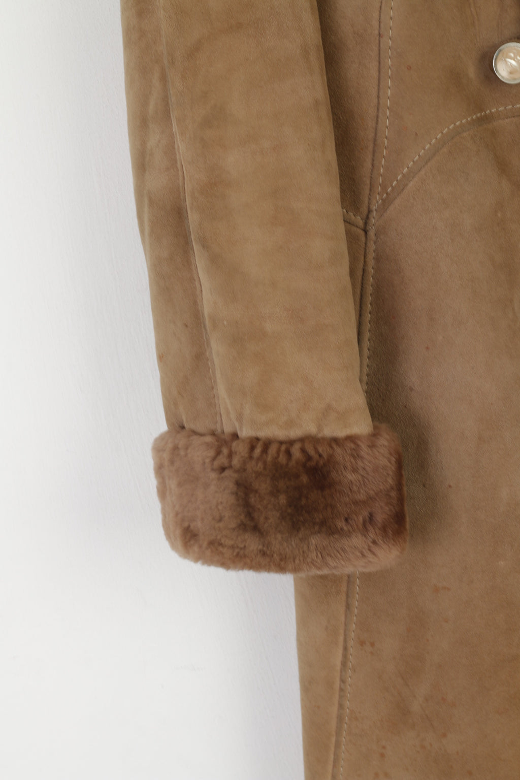 Vintage Women 44 S Coat Beige Leather Fur Collar Detailed Buttons Boho Warm Top