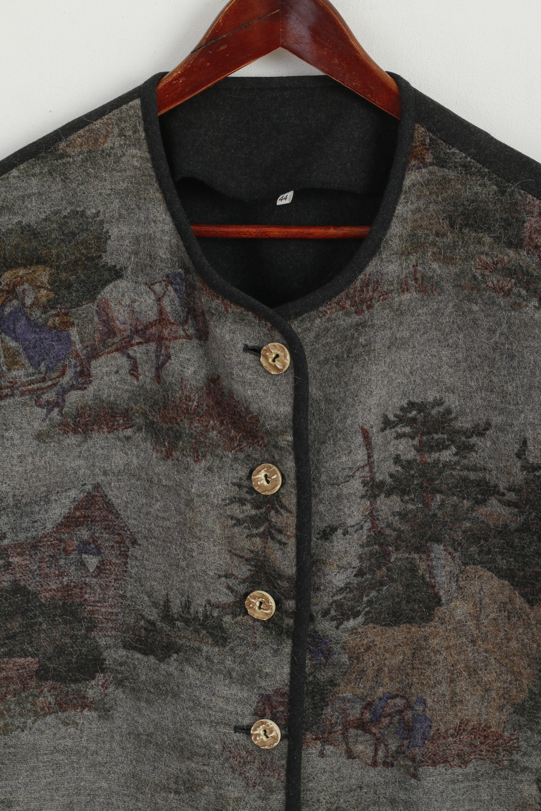 Gilet abbottonato casual stampato in lana grigia da donna vintage 44 XXL