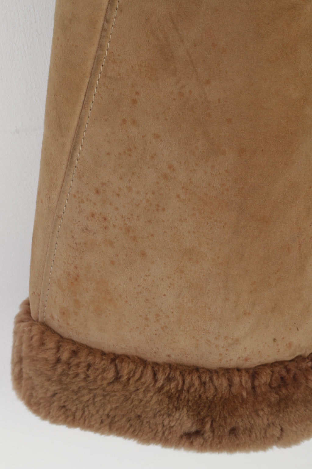 Vintage Women 44 S Coat Beige Leather Fur Collar Detailed Buttons Boho Warm Top