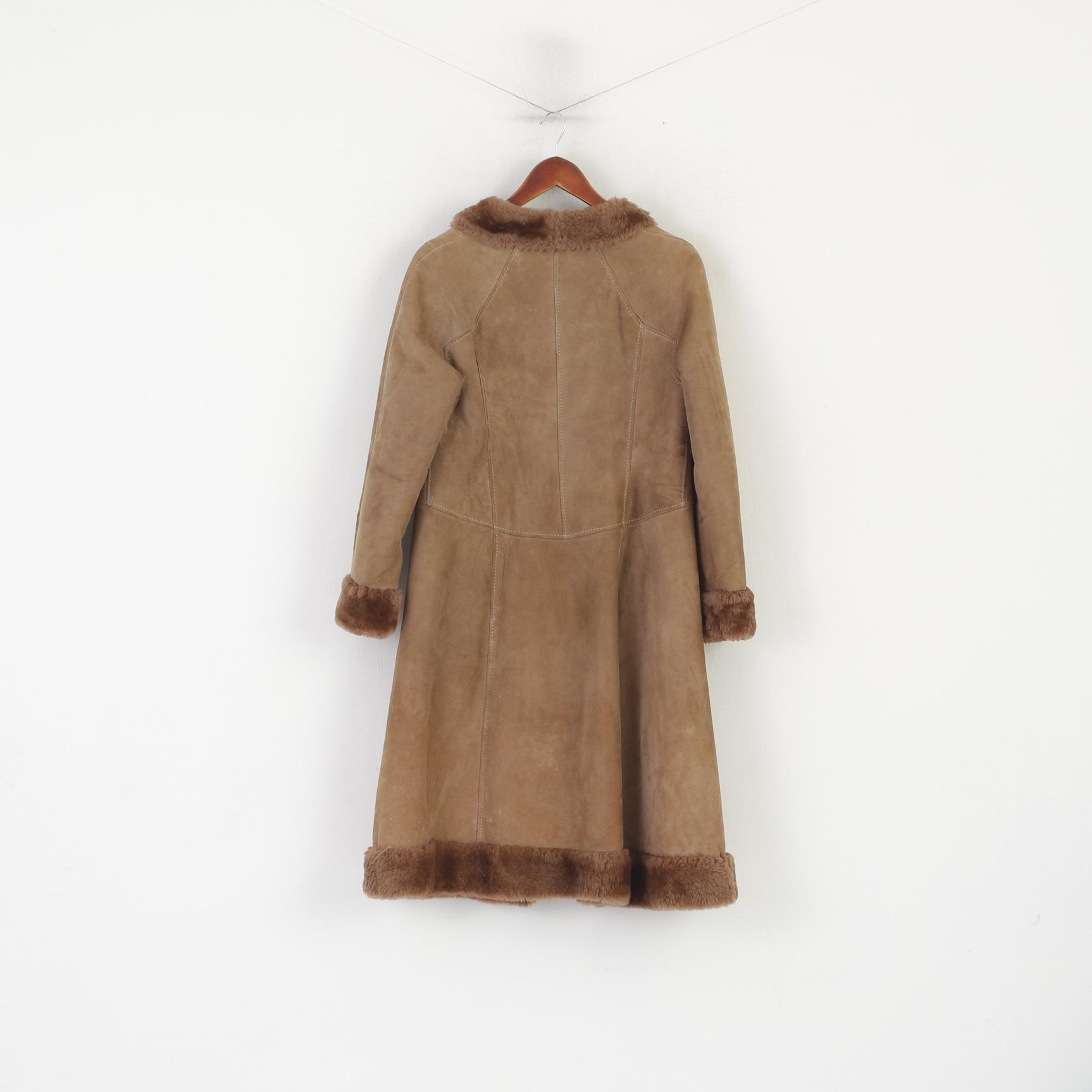 Vintage Women 44 S Coat Beige Leather Fur Collar Detailed Buttons Boho Warm Top