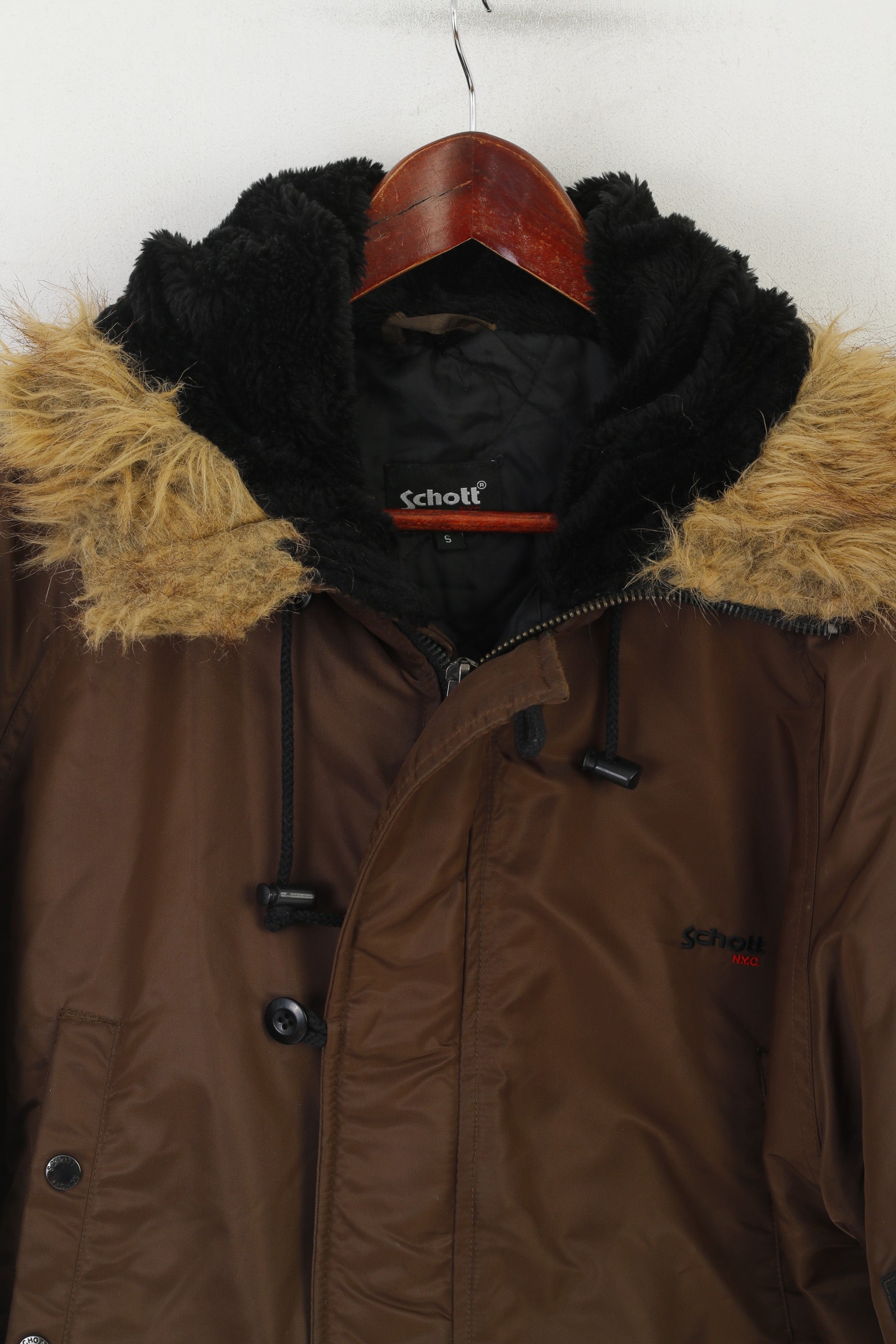 Schott Men S Bomber Jacket Brown Shiny Padded Hood Nylon Waterproof Top