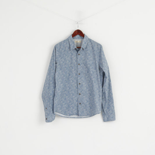 Hollister Men M Casual Shirt Blue Cotton Soft Printed Long Sleeve Button Down Collar Top