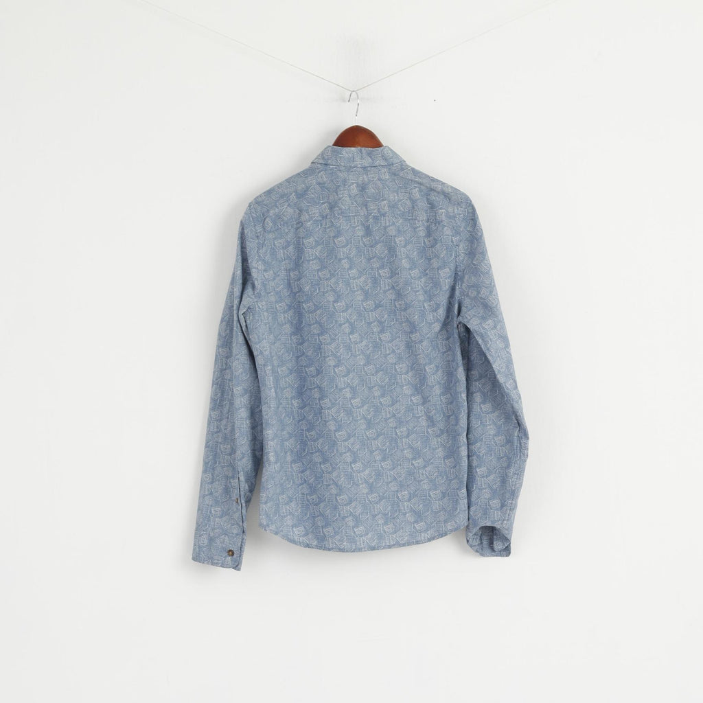 Camicia casual Hollister da uomo M. Top con colletto button down a maniche lunghe stampato in morbido cotone blu