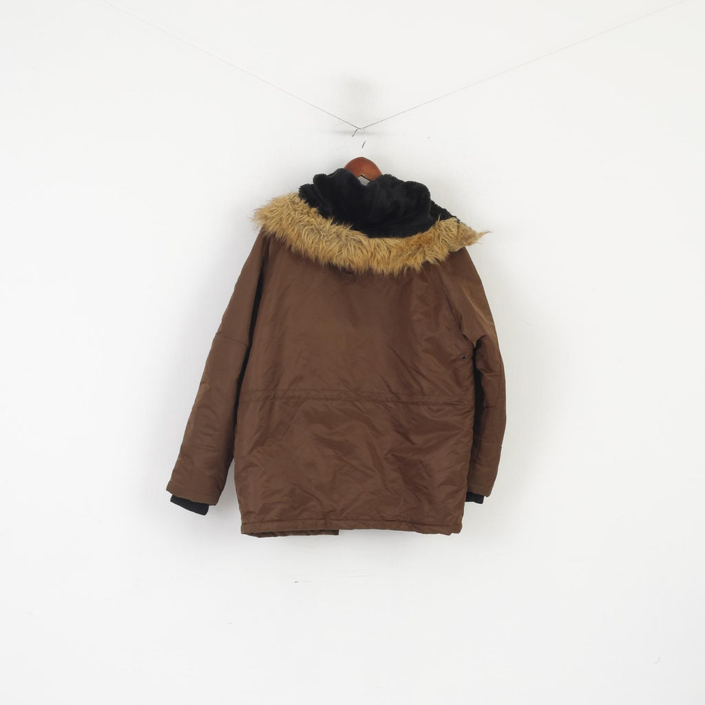 Schott Men S Bomber Jacket Brown Shiny Padded Hood Nylon Waterproof Top