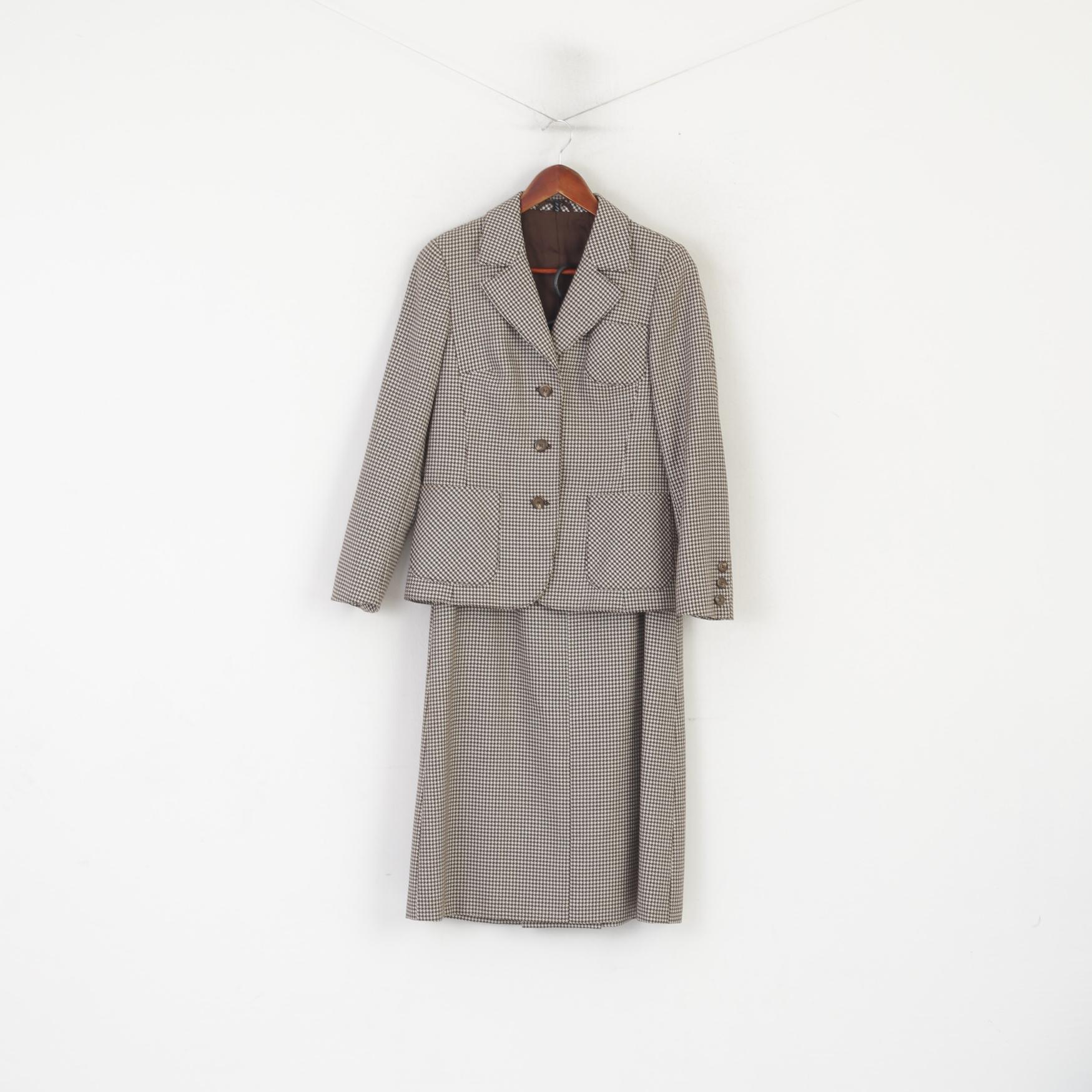 Gelco Trevira Women 38 S Suit Brown Wool Houndstooth Skirt Blazer Vintage